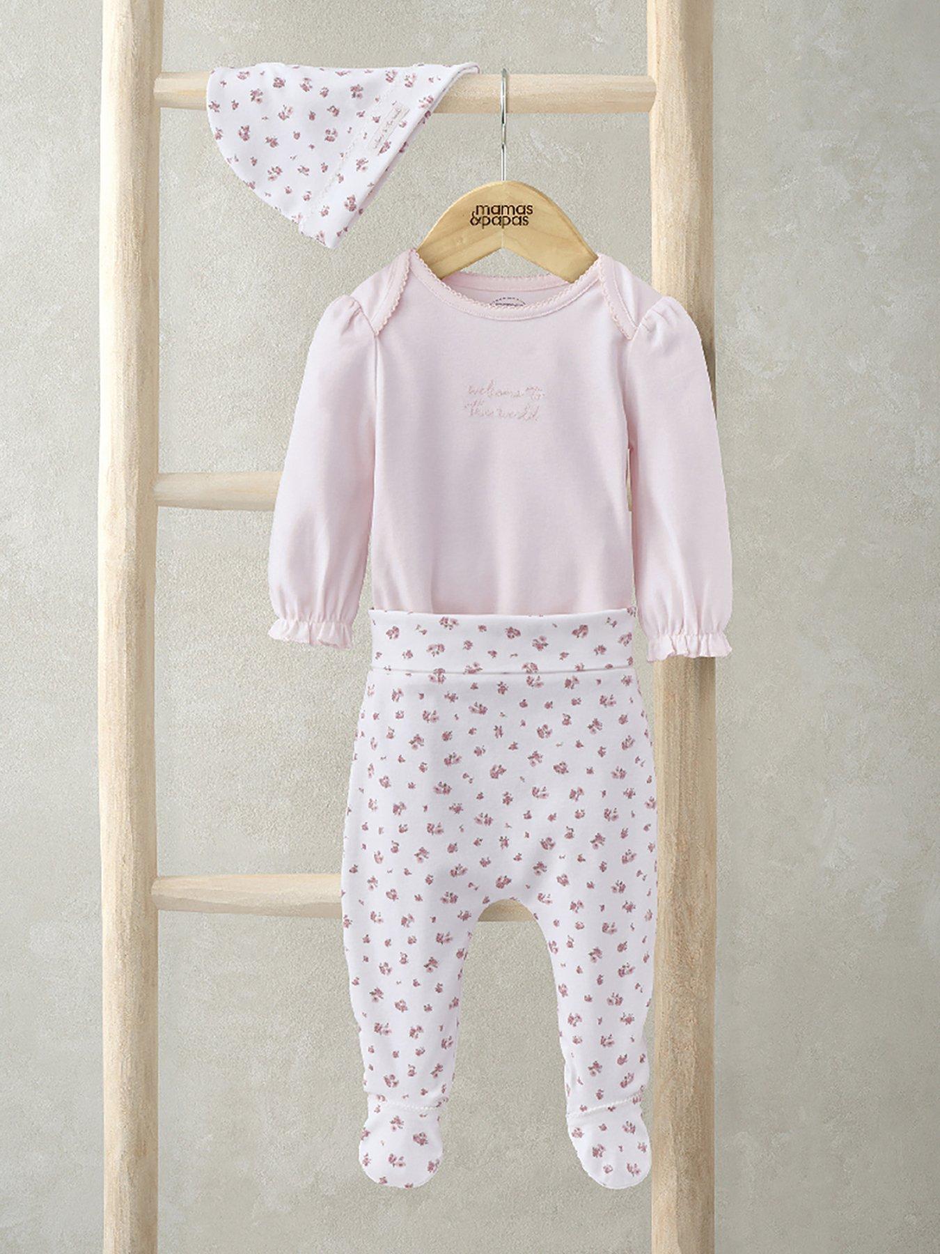 mamas-papas-baby-girls-3-piece-floral-bodysuit-legging-hat-first-outfit-pink