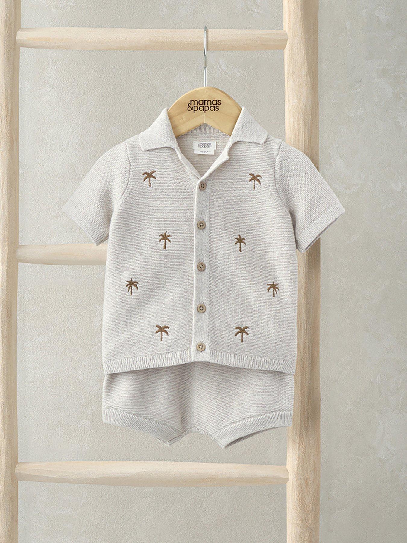  image of mamas-papas-baby-boys-2-piece-palm-tree-embroidered-shirt-short-knitted-set-beige