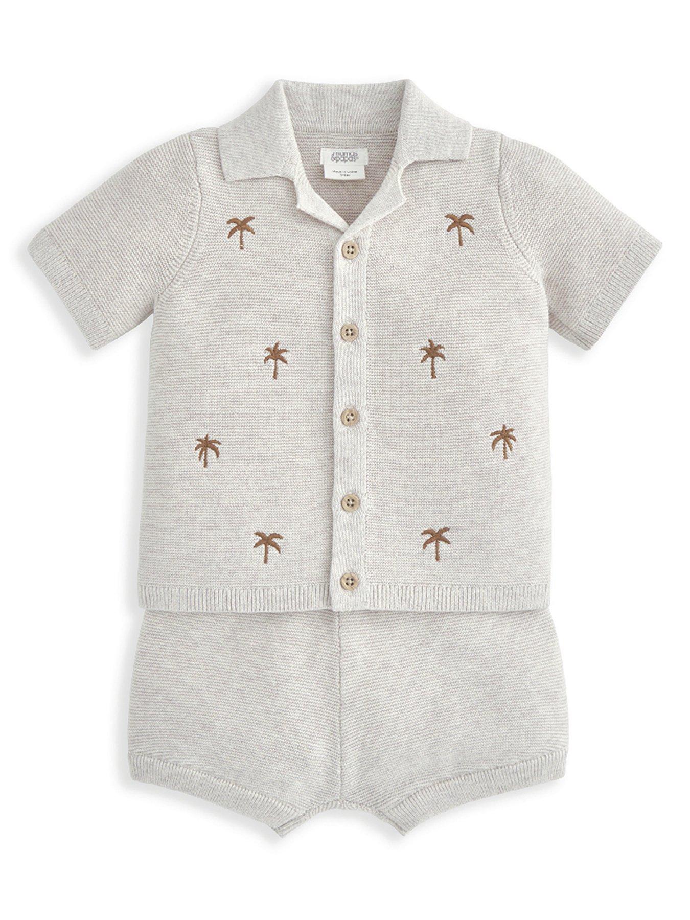  image of mamas-papas-baby-boys-2-piece-palm-tree-embroidered-shirt-short-knitted-set-beige