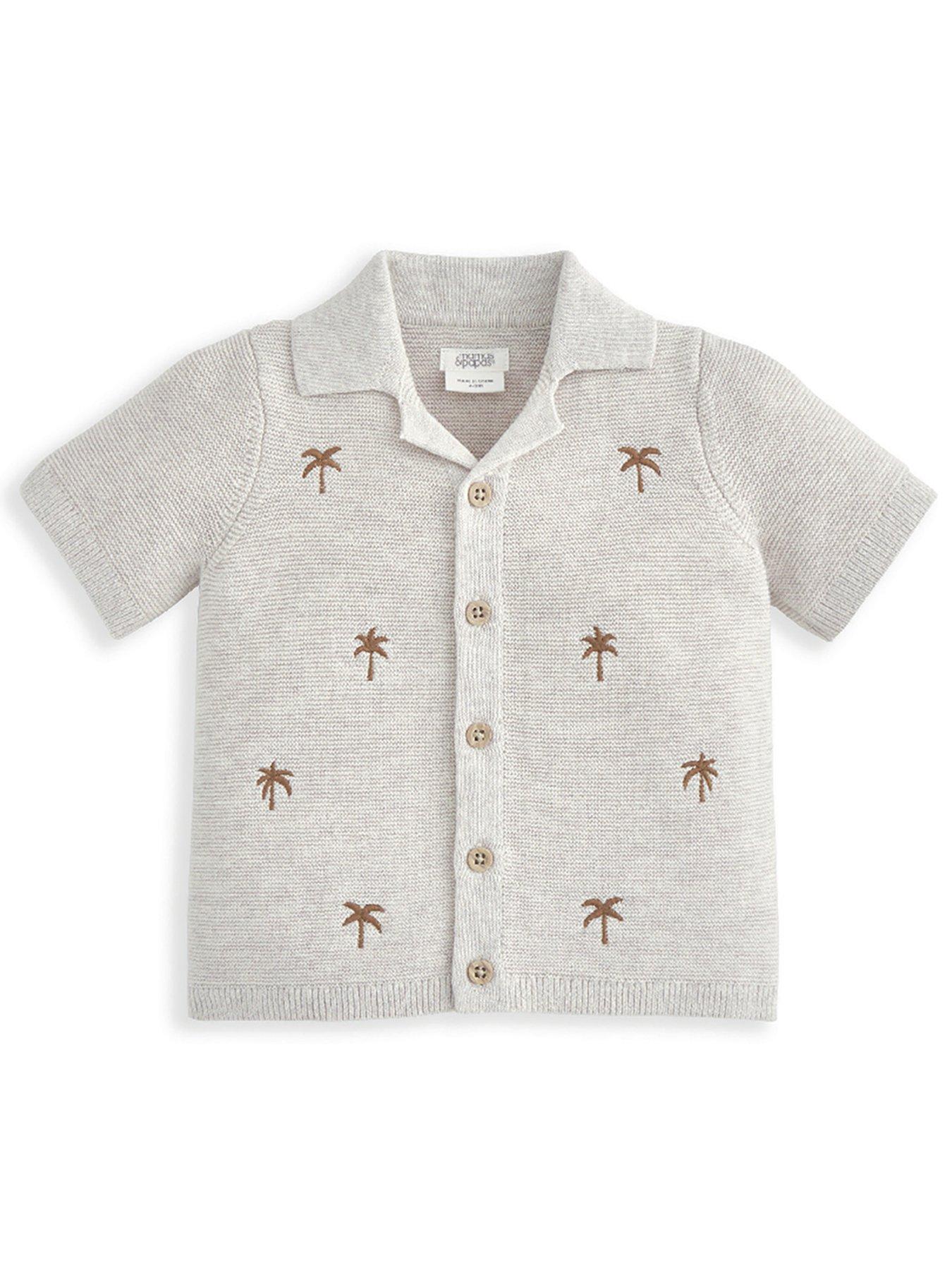  image of mamas-papas-baby-boys-2-piece-palm-tree-embroidered-shirt-short-knitted-set-beige