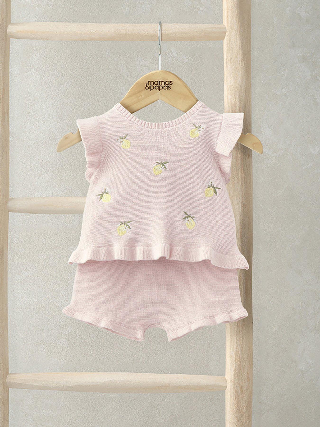 Mamas & Papas Baby Girls 2 Piece Embroidered Frill Top  &  Short Knitted Set - Pink