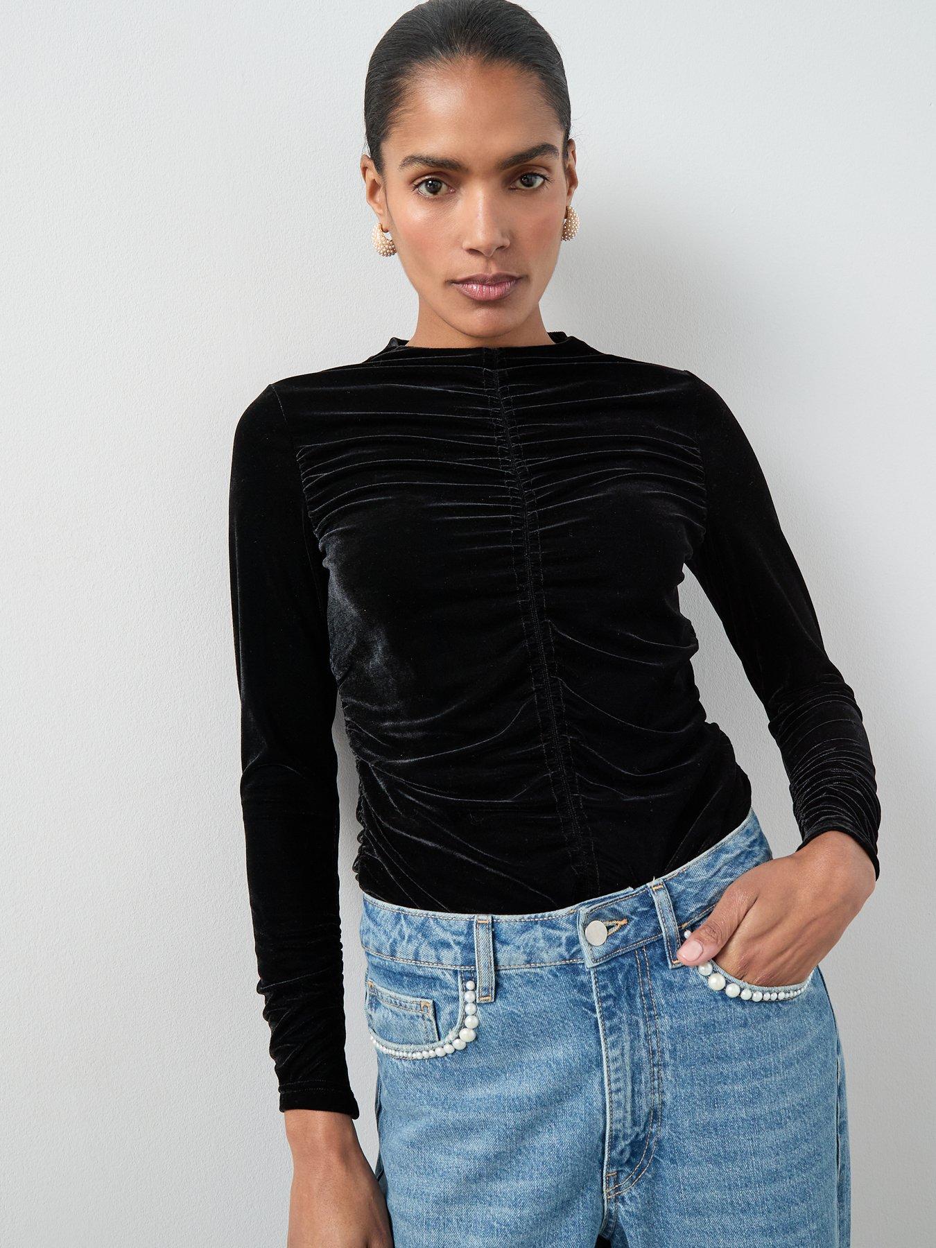 Image 4 of 6 of The Very Collection Ruched Front Velvet Top - Black