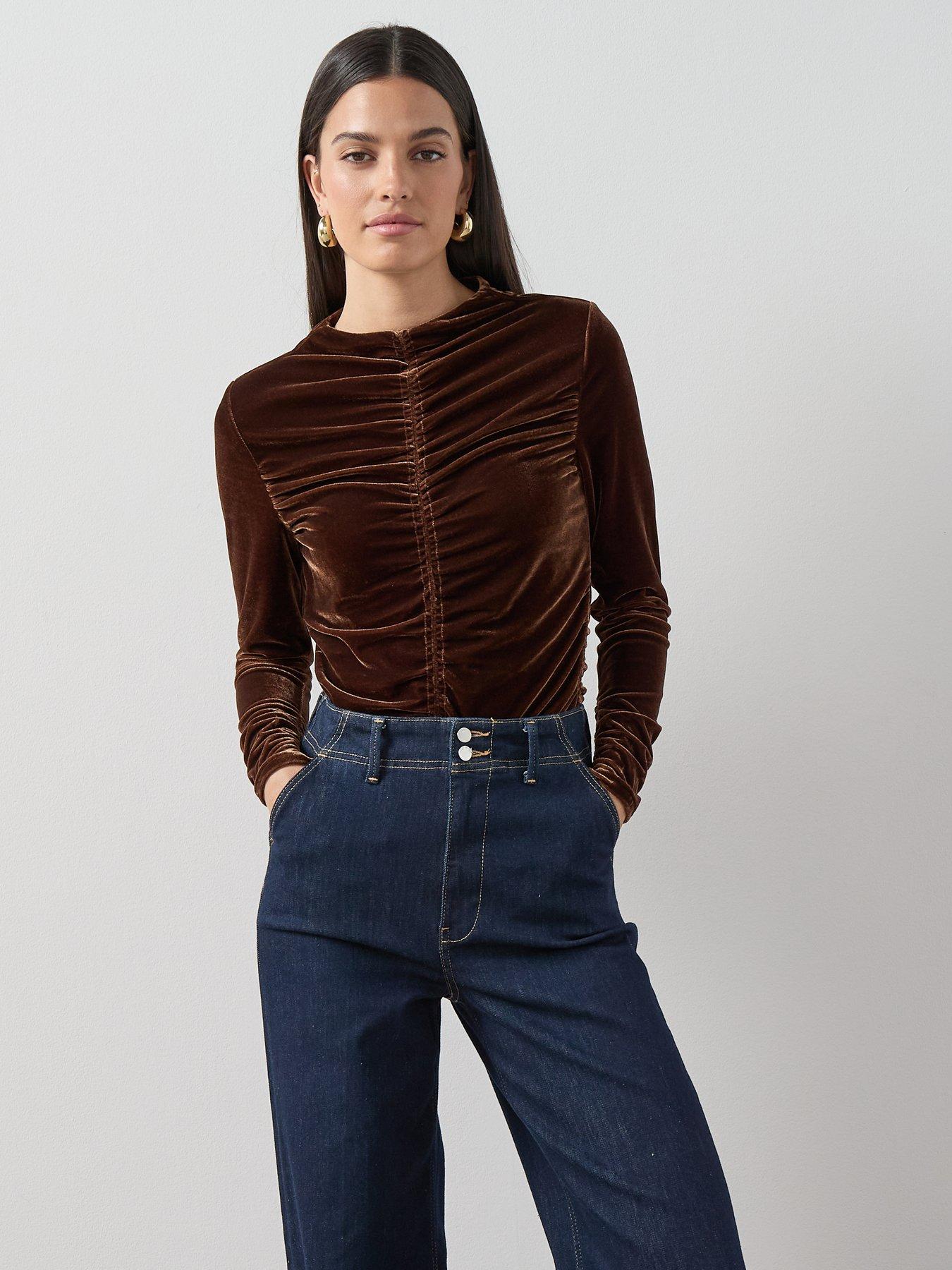 The Very Collection Ruched Front Velvet Top - Brown