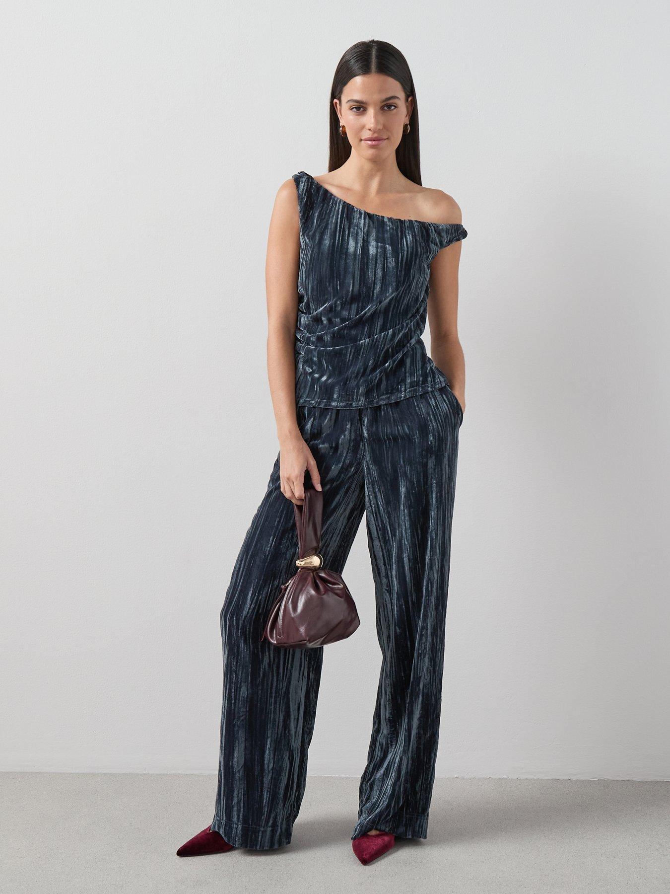 Image 3 of 7 of The Very Collection One Shoulder Pleated Velvet Top Co-Ord - Grey