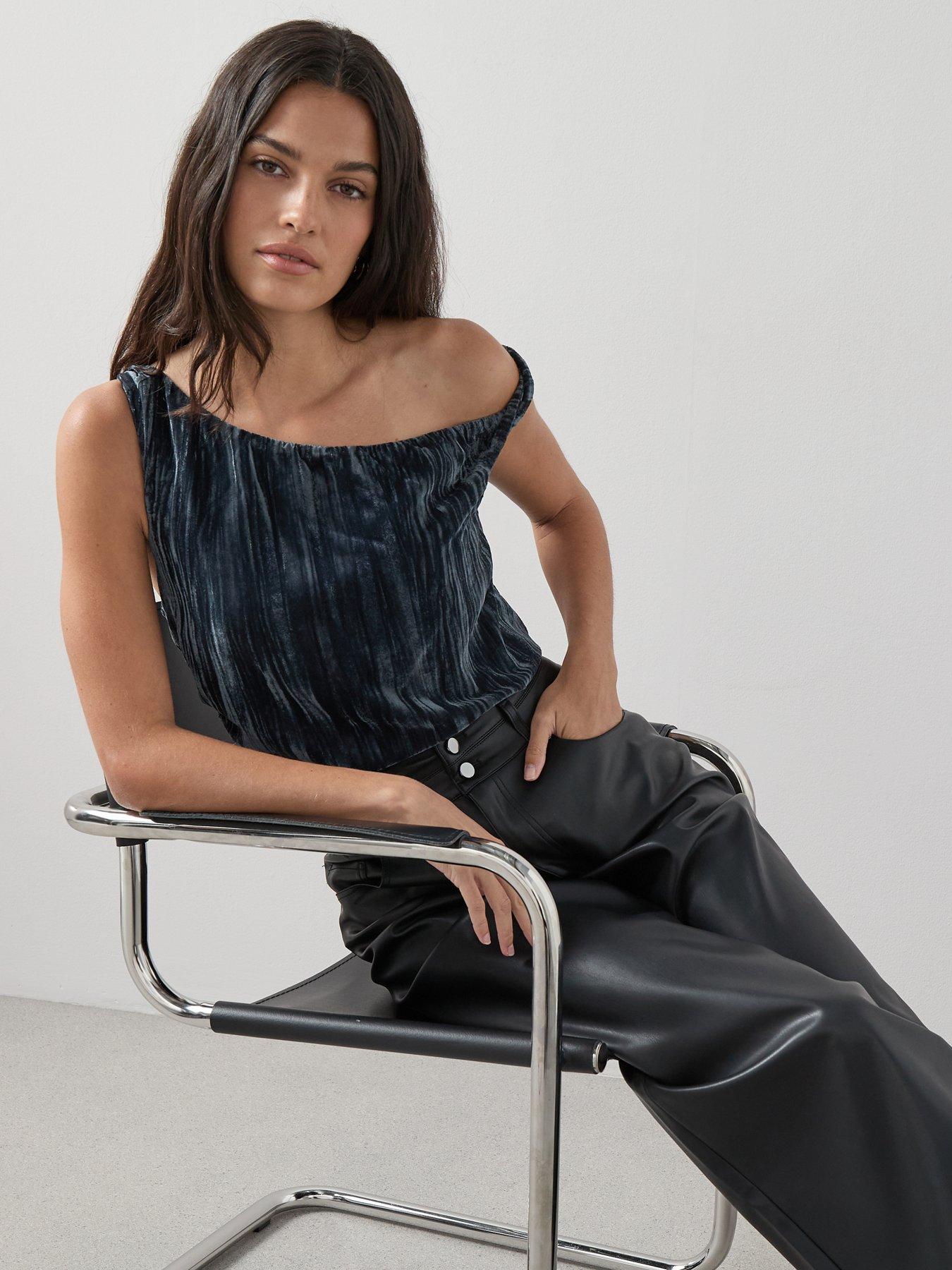 Image 4 of 7 of The Very Collection One Shoulder Pleated Velvet Top Co-Ord - Grey