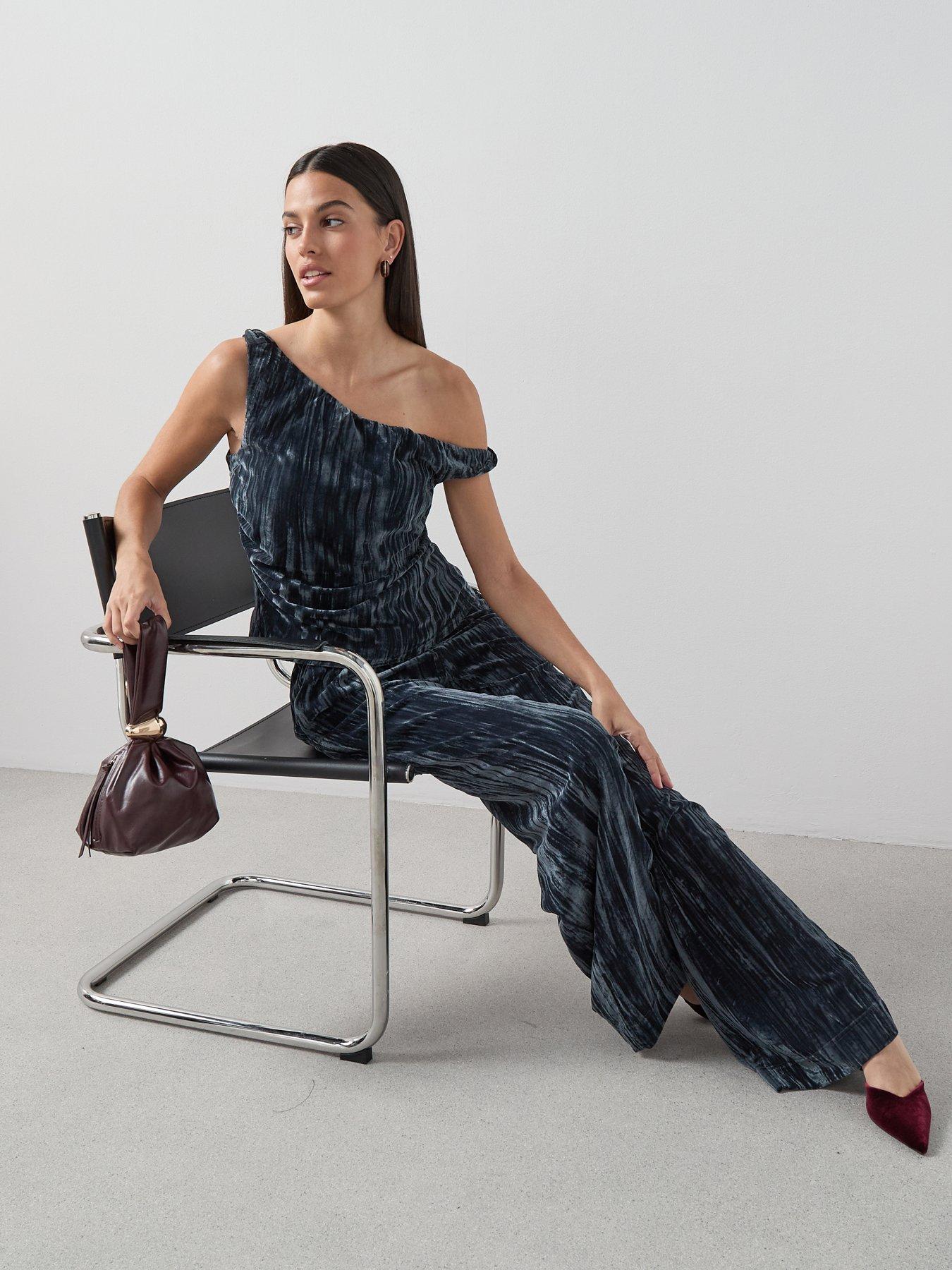 Image 6 of 7 of The Very Collection One Shoulder Pleated Velvet Top Co-Ord - Grey