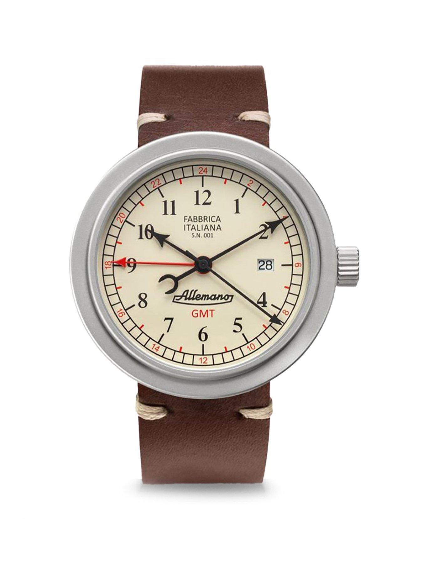  image of allemano-gmt-white-dial-sandblasted-steel-case-brown-strap