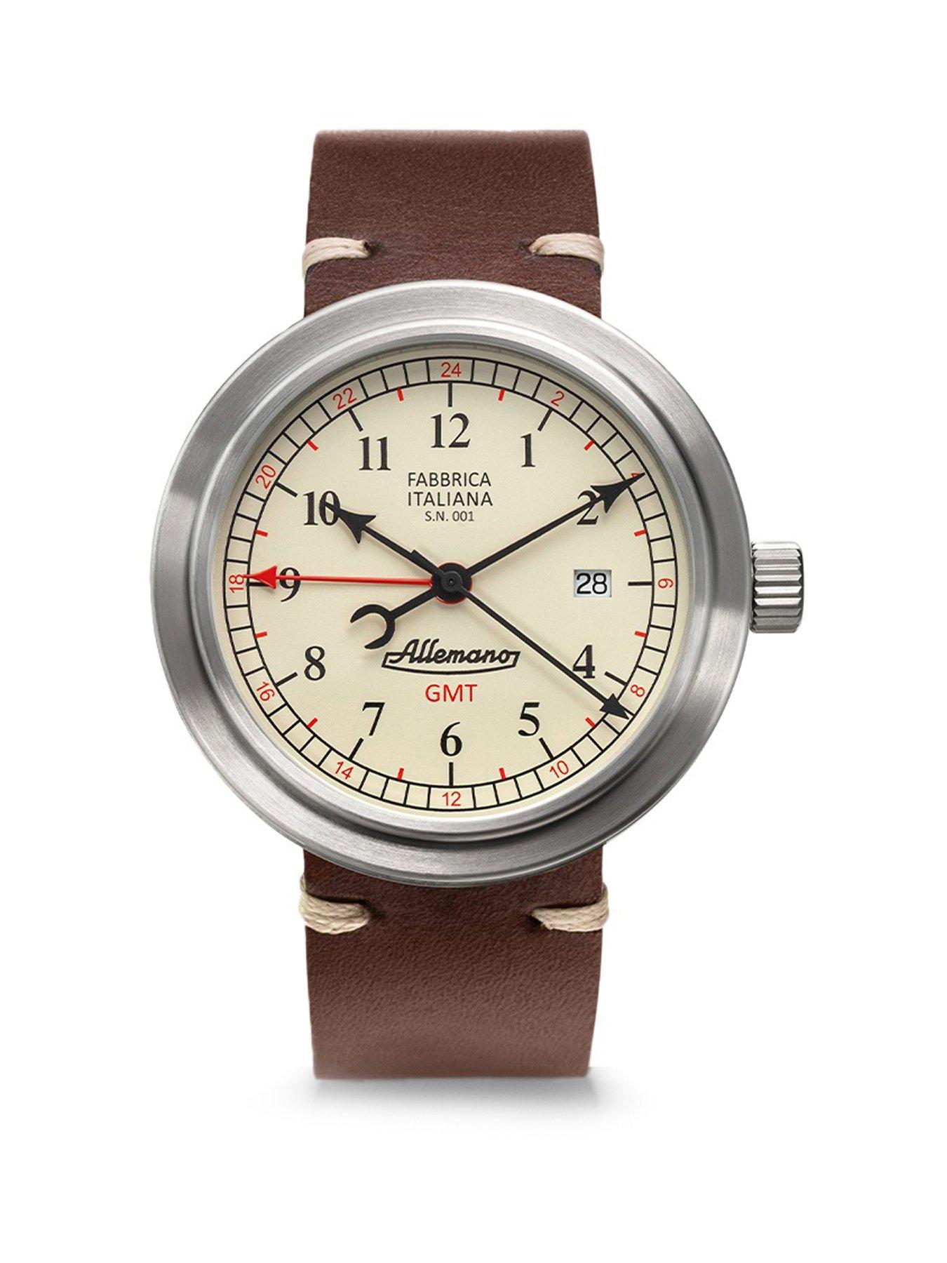  image of allemano-gmt-white-dial-brushed-steel-case-brown-strap