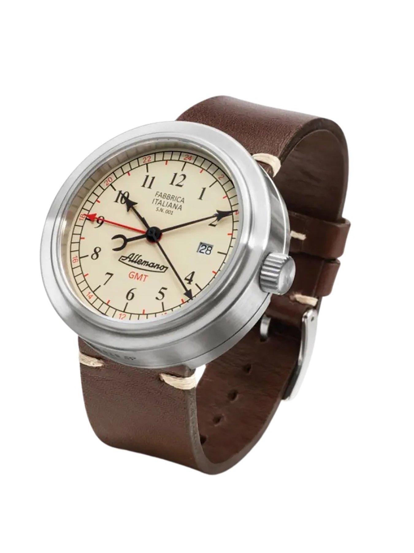  image of allemano-gmt-white-dial-brushed-steel-case-brown-strap