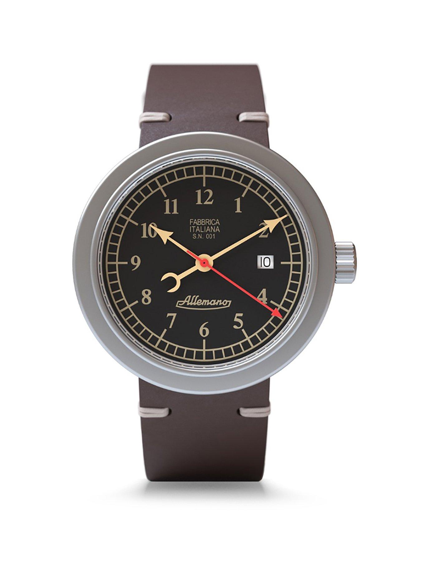 Allemano Day Black Dial Sandblasted Steel Case Brown Strap
