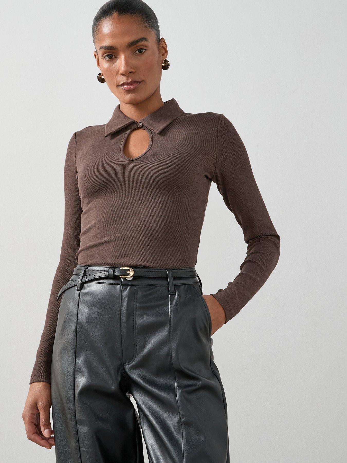 undefined Long Sleeve Collar Cut Out Top - Brown