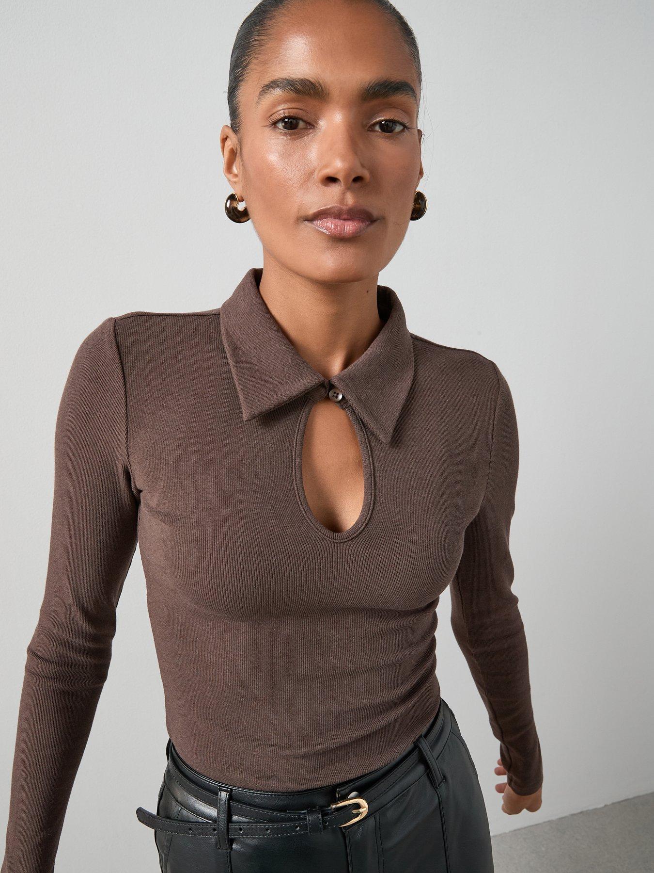 Image 4 of 6 of The Very Collection Long Sleeve Collar Cut Out Top - Brown