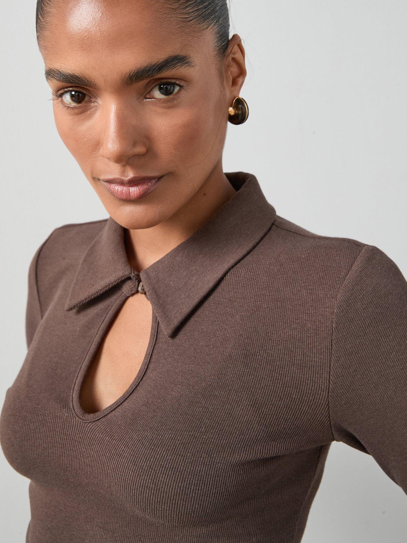 Image 6 of 6 of The Very Collection Long Sleeve Collar Cut Out Top - Brown