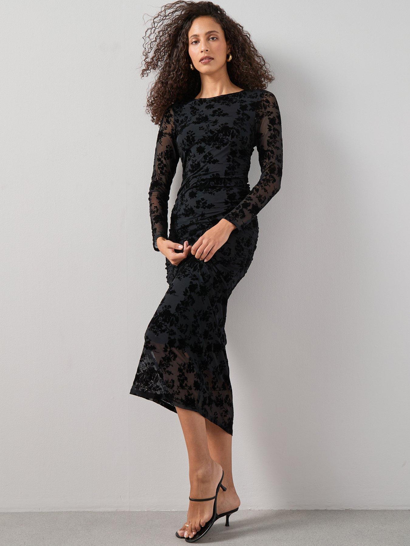 The Very Collection Flock Mesh Midaxi Dress - Black