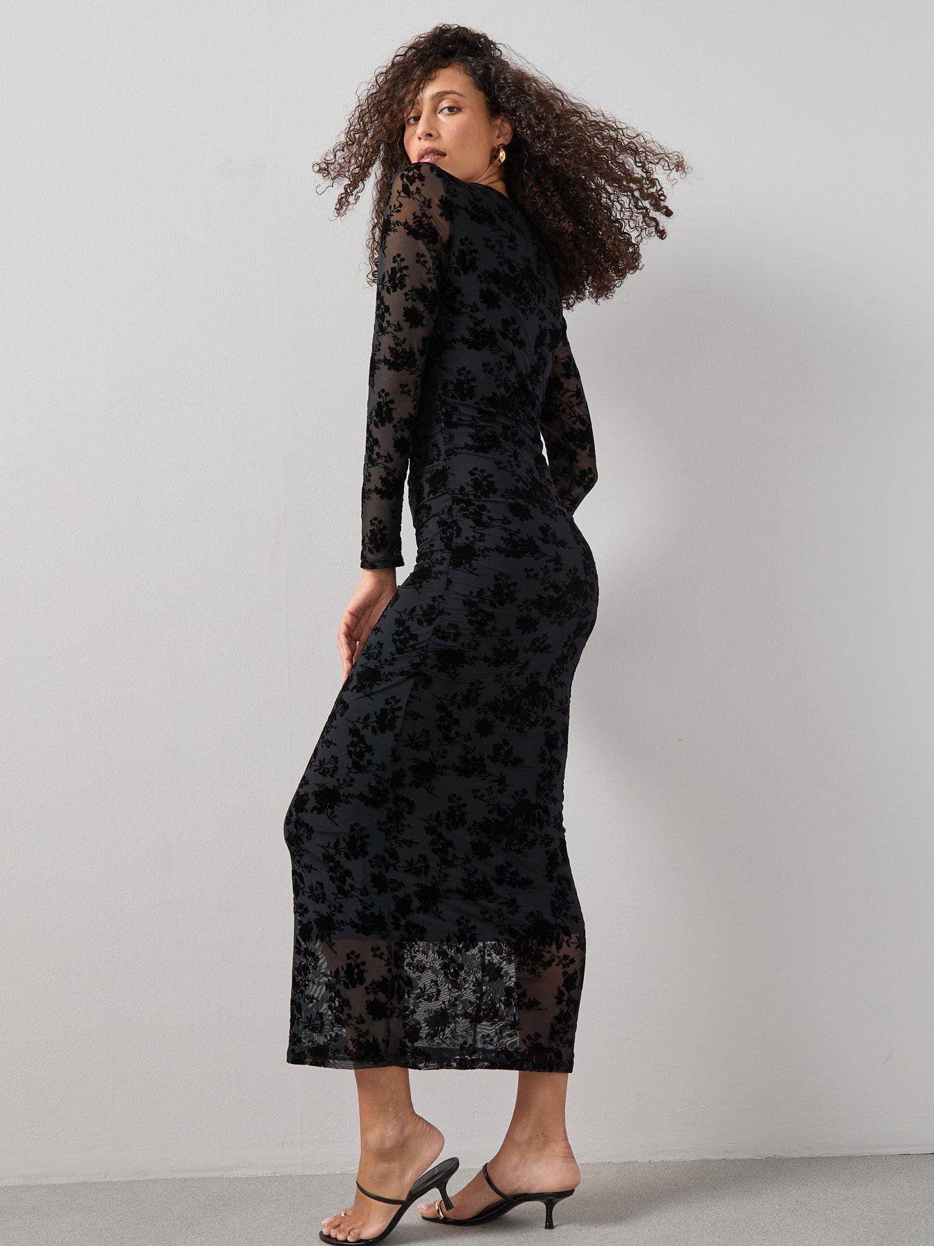 stillFront image of the-very-collection-floral-flock-mesh-midaxi-dressnbsp--black