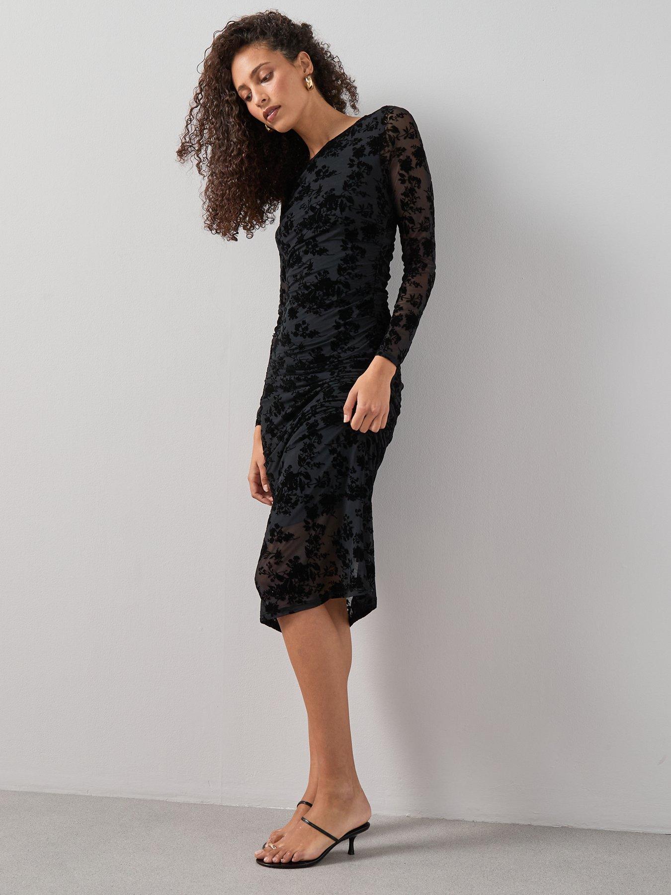  image of the-very-collection-floral-flock-mesh-midaxi-dressnbsp--black