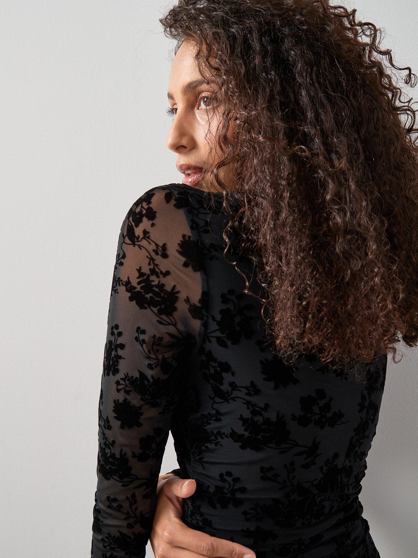  image of the-very-collection-floral-flock-mesh-midaxi-dressnbsp--black