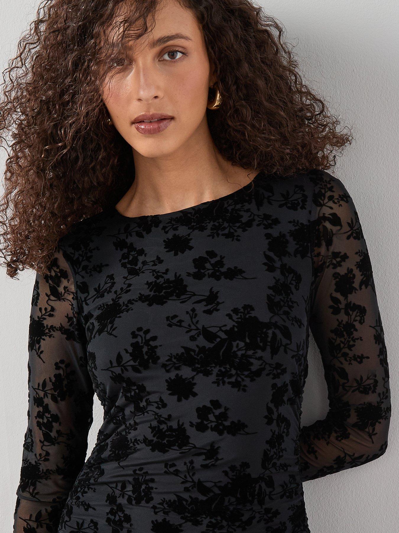  image of the-very-collection-floral-flock-mesh-midaxi-dressnbsp--black