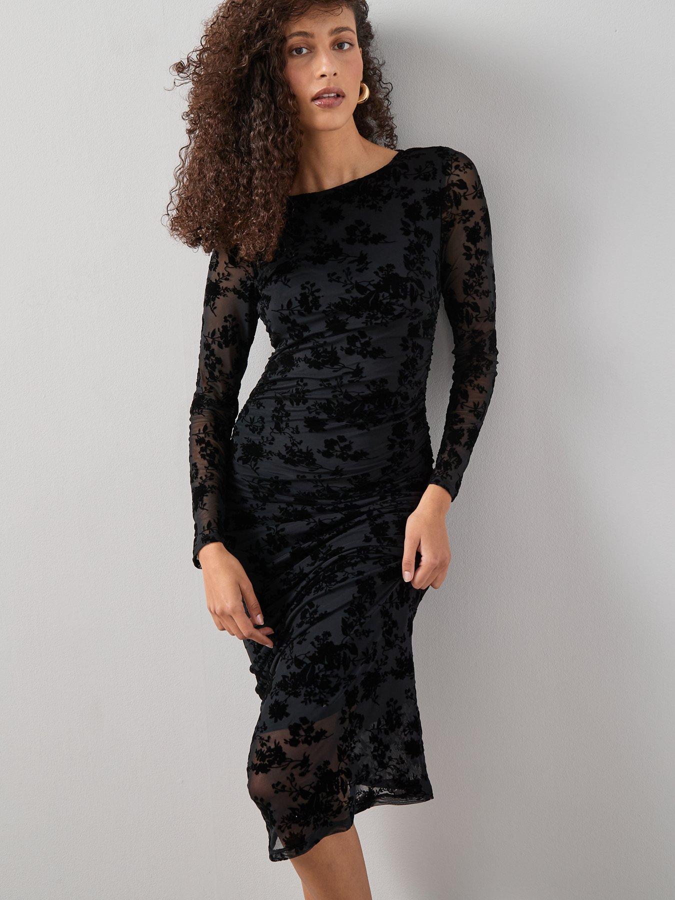  image of the-very-collection-floral-flock-mesh-midaxi-dressnbsp--black