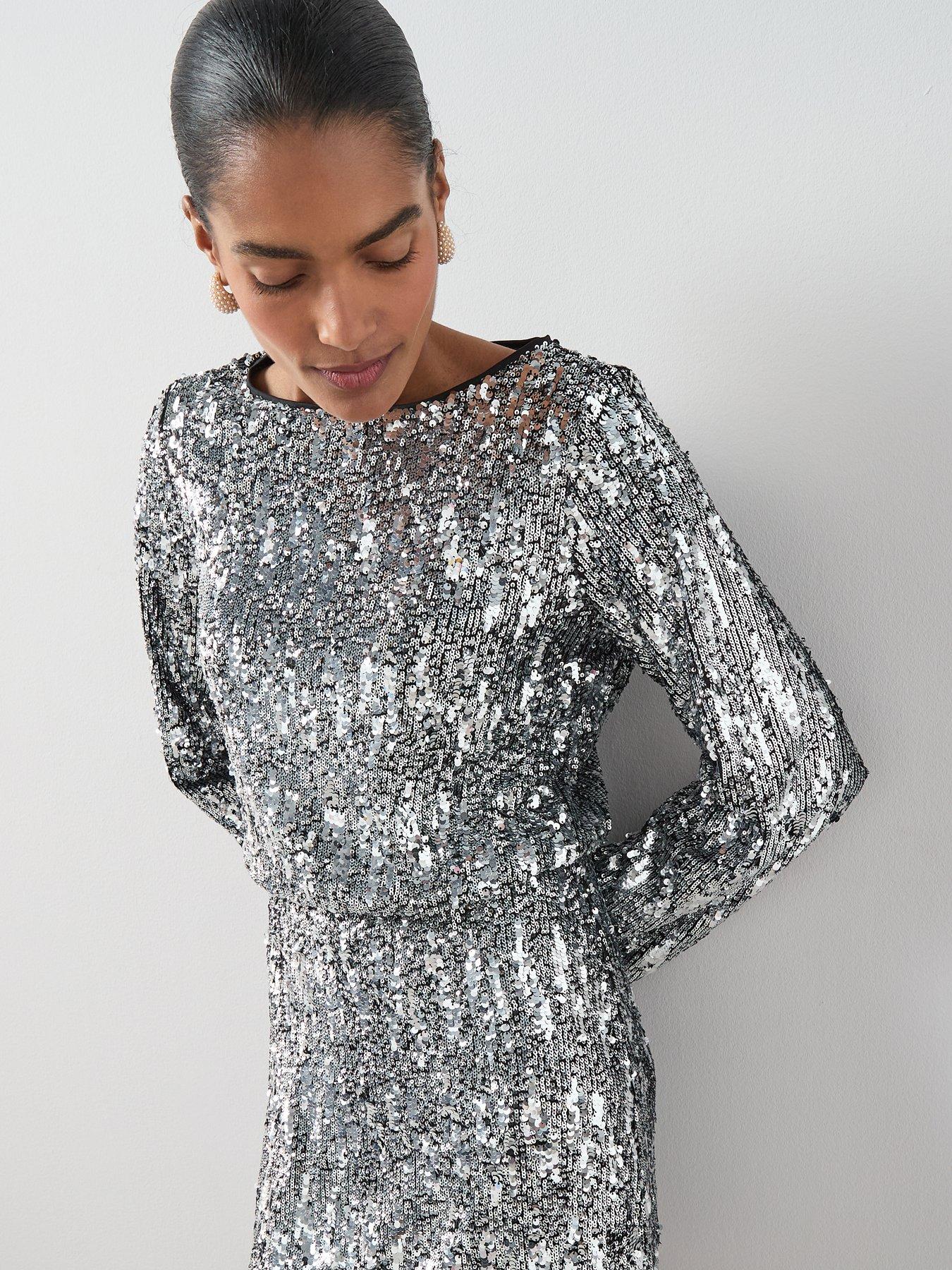  image of the-very-collection-sequin-long-sleeve-mini-dress-silver