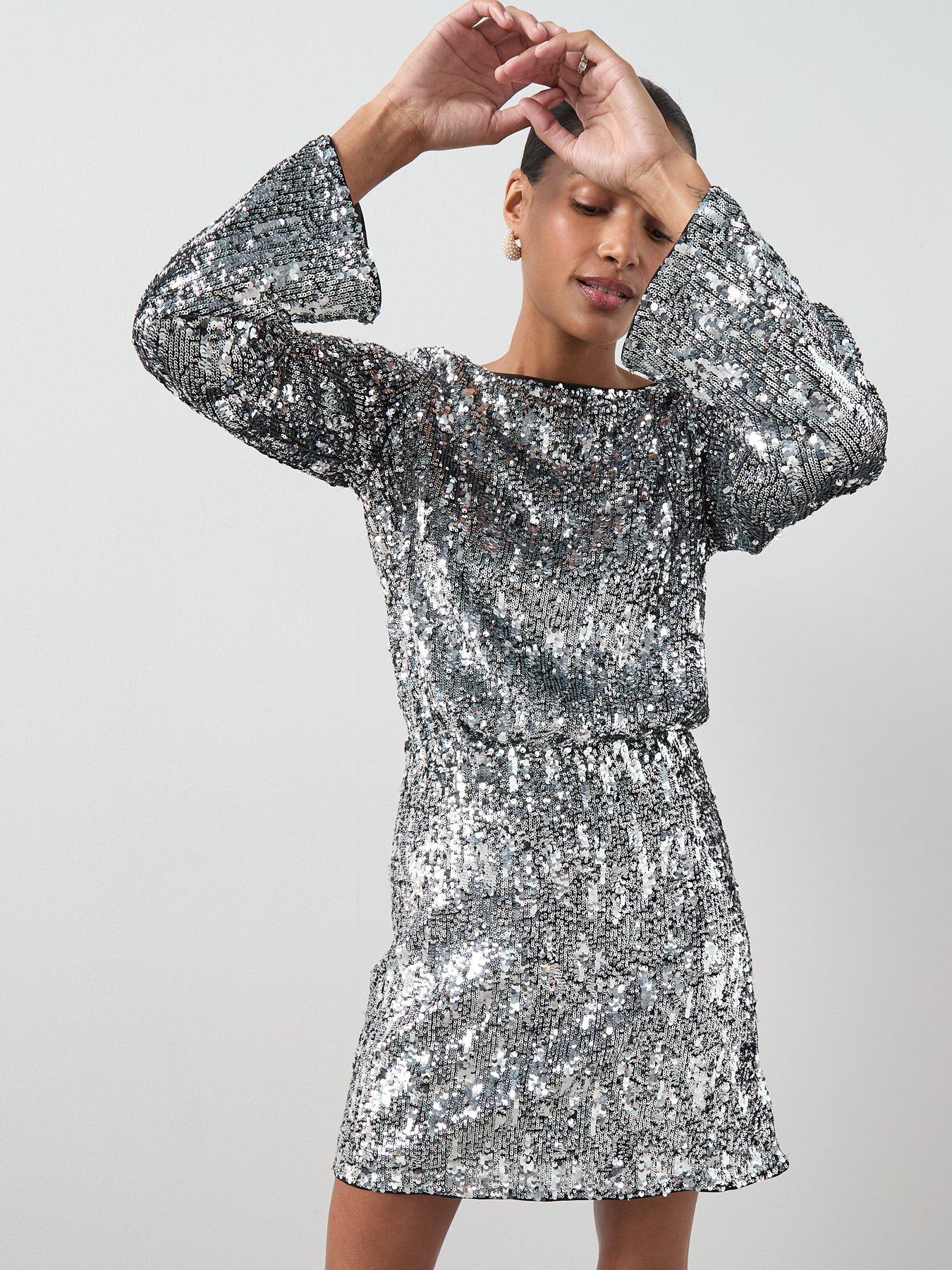  image of the-very-collection-sequin-long-sleeve-mini-dress-silver
