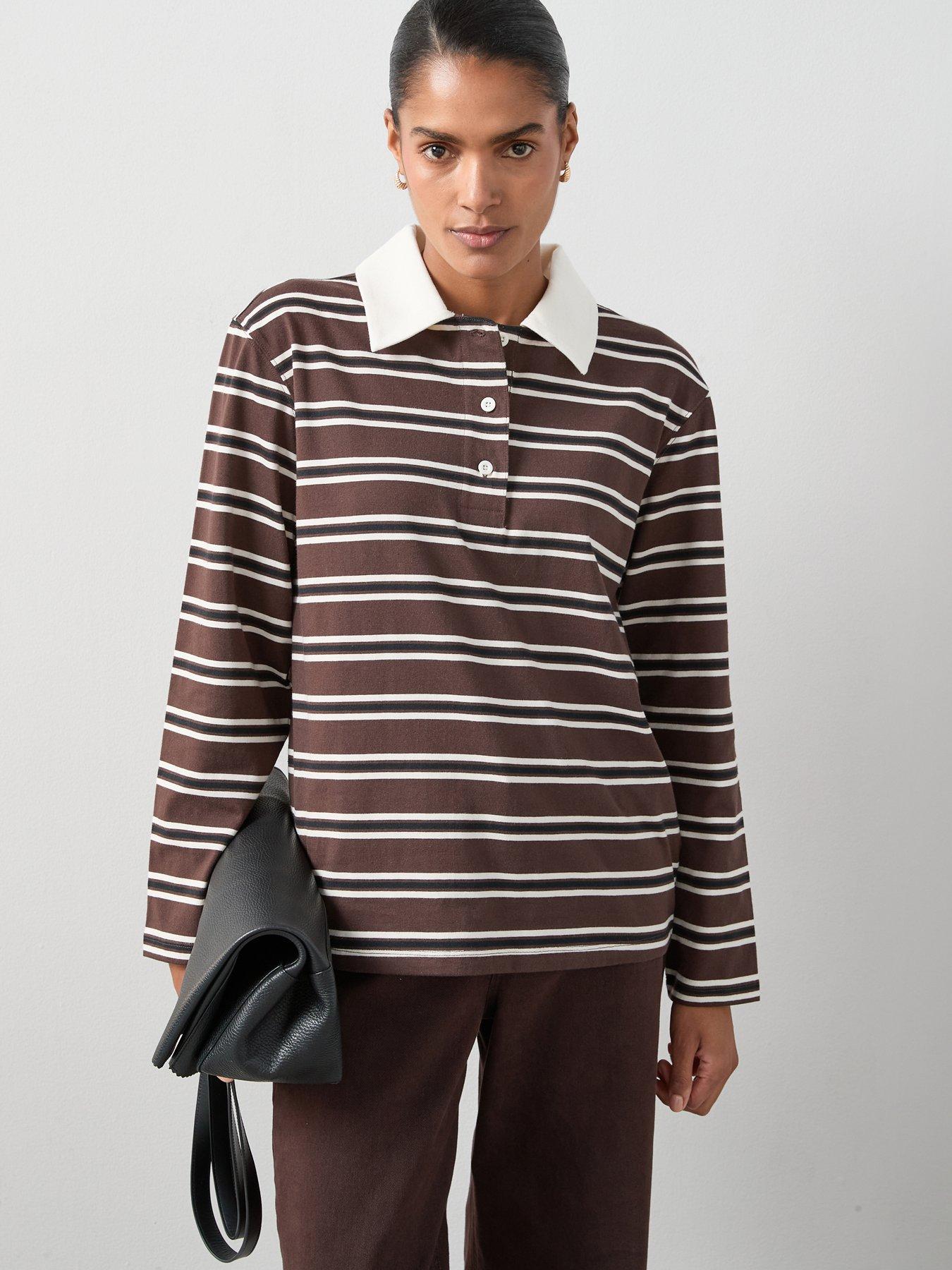 undefined Collar Stripe Rugby Top - Brown