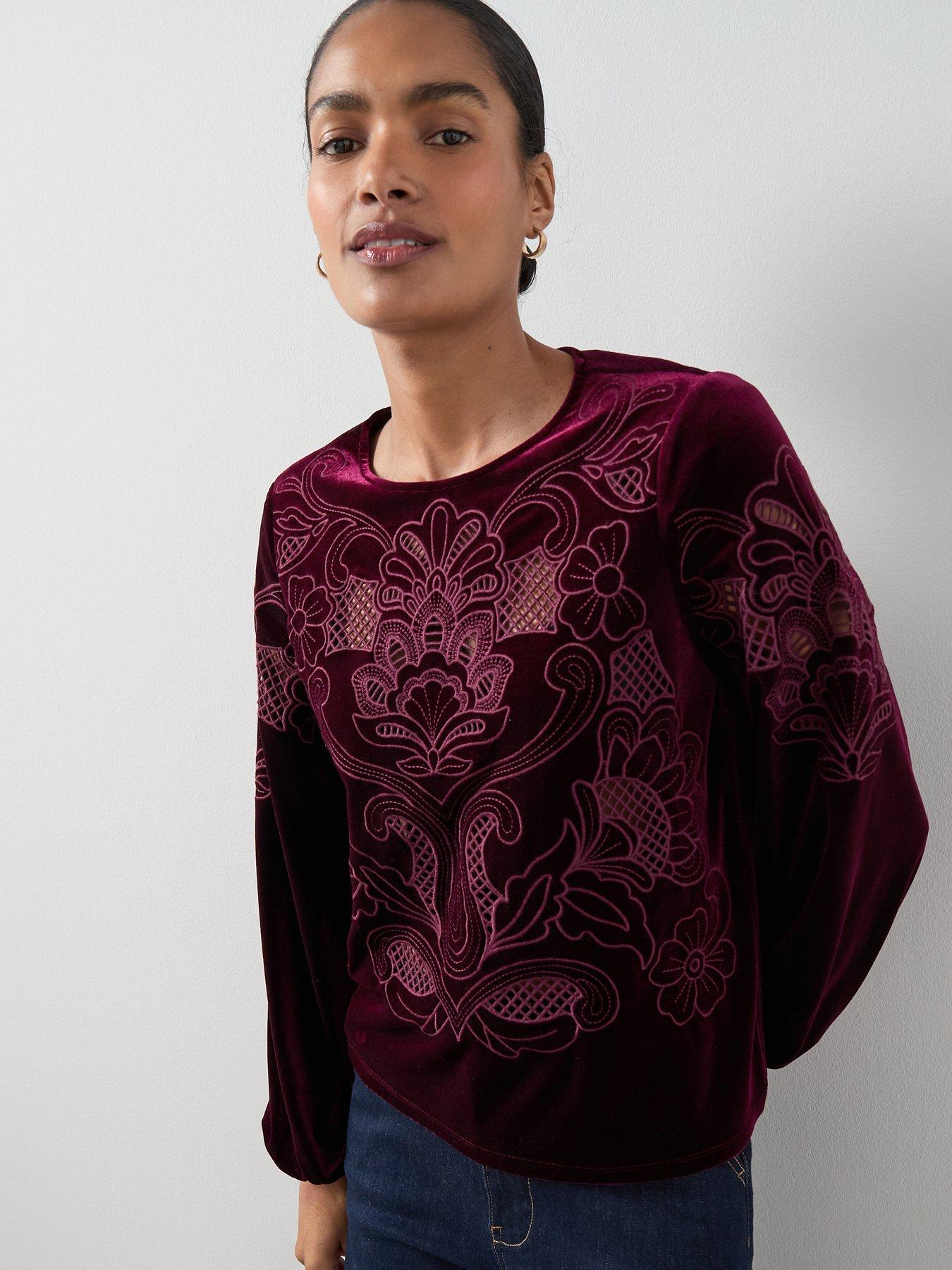 The Very Collection Velvet Cutwork Top - Burgundy