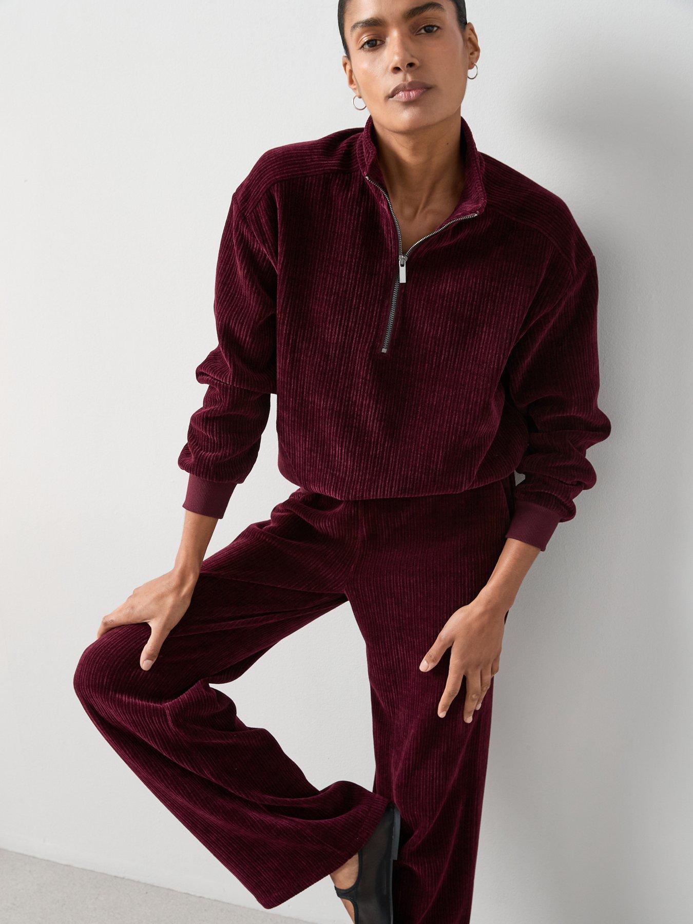 undefined Velour Ribbed Half Zip Top Co-Ord - Burgundy