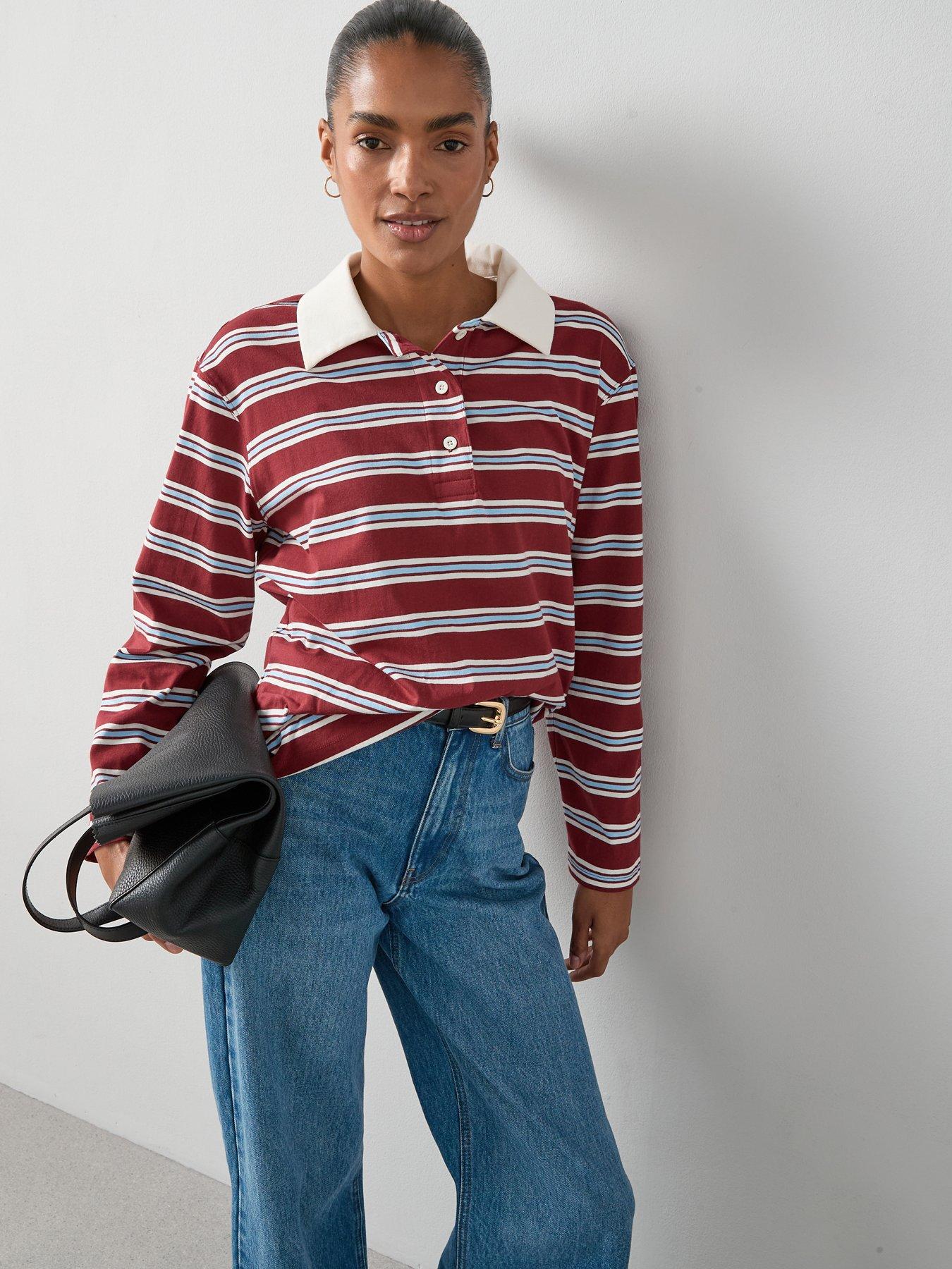 undefined Collar Stripe Rugby Top - Burgundy