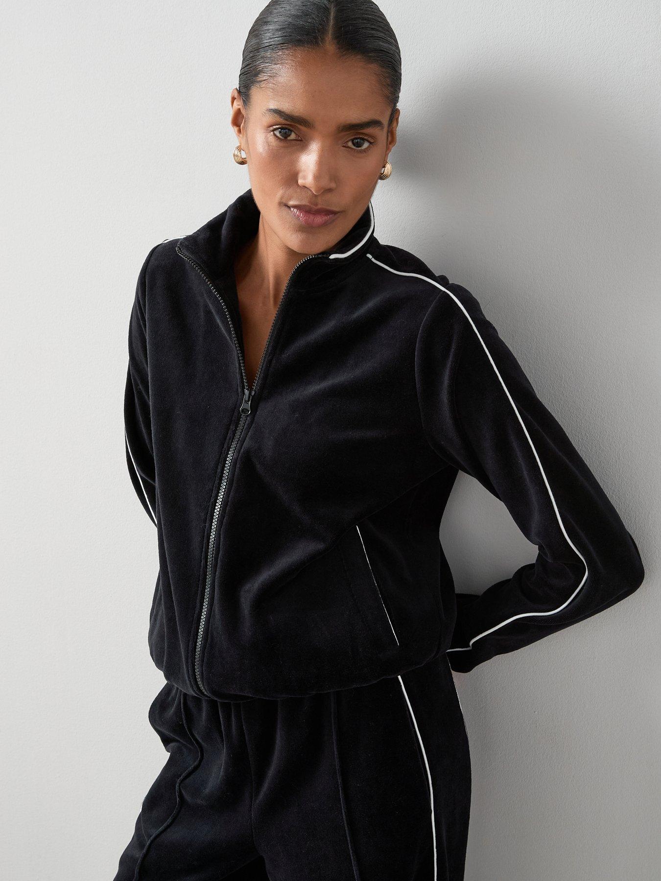 Image 1 of 7 of V by Very Velour Zip Through Jacket With Piping Co-Ord - Black