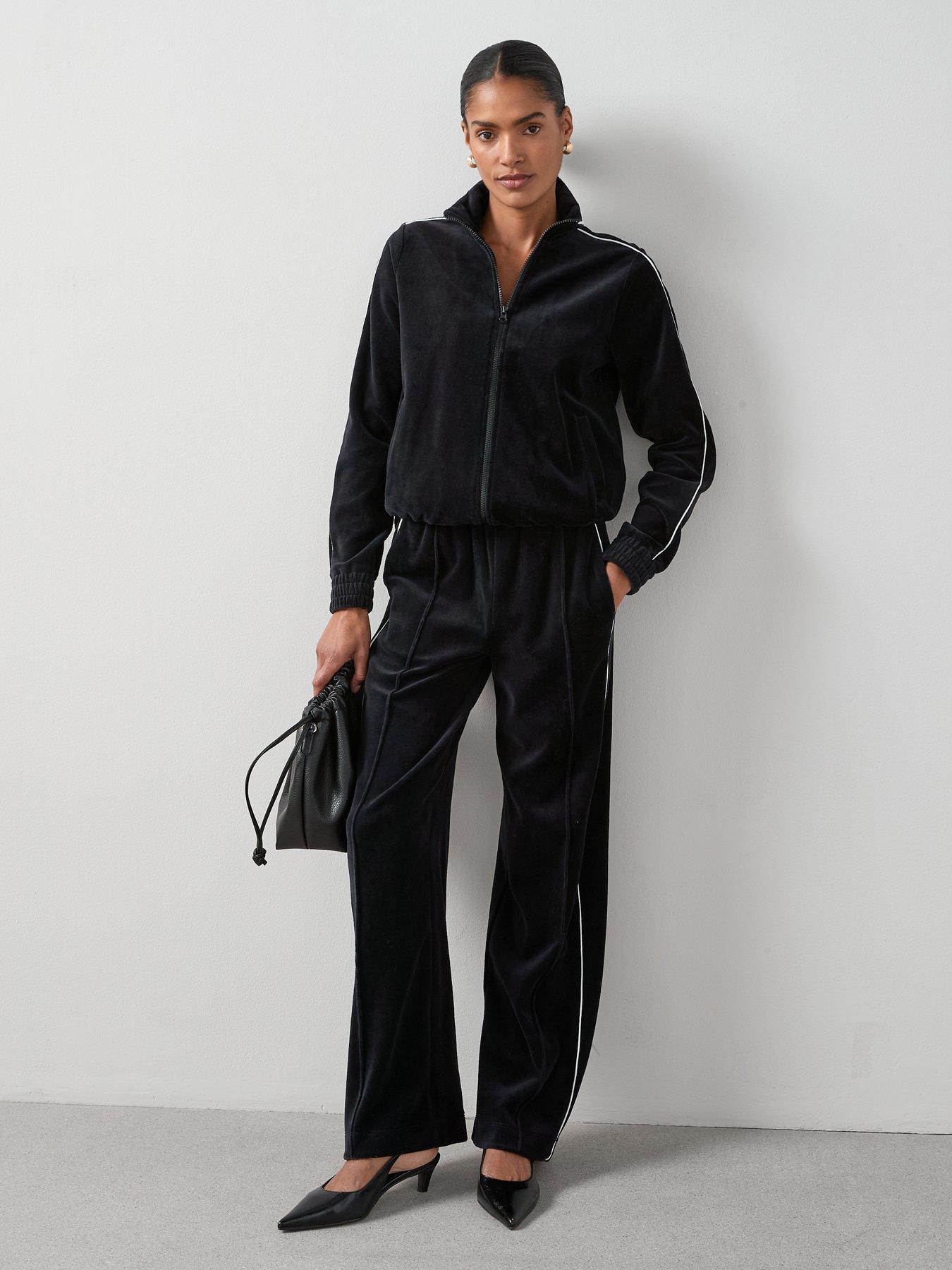 Image 3 of 7 of V by Very Velour Zip Through Jacket With Piping Co-Ord - Black