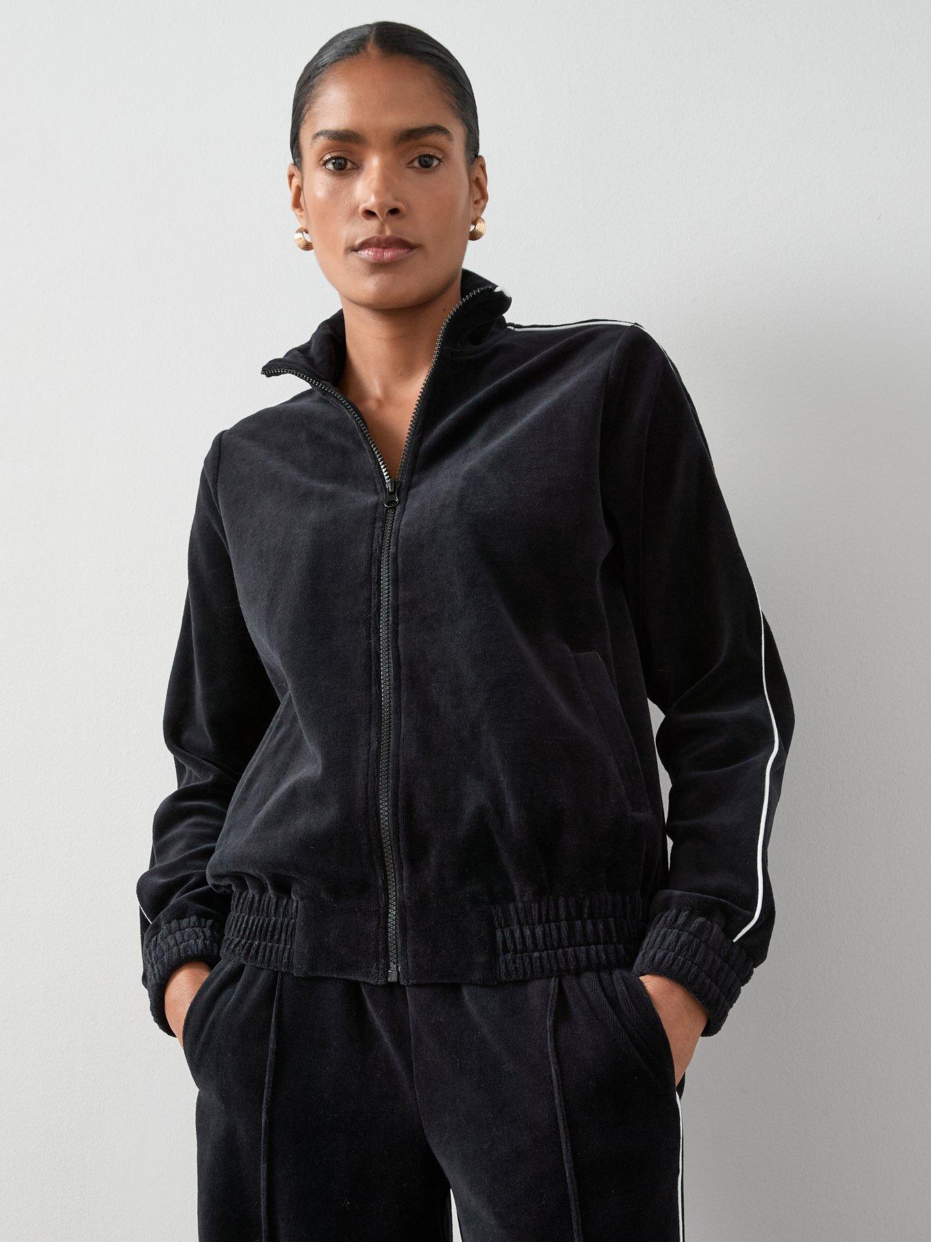 Image 4 of 7 of V by Very Velour Zip Through Jacket With Piping Co-Ord - Black