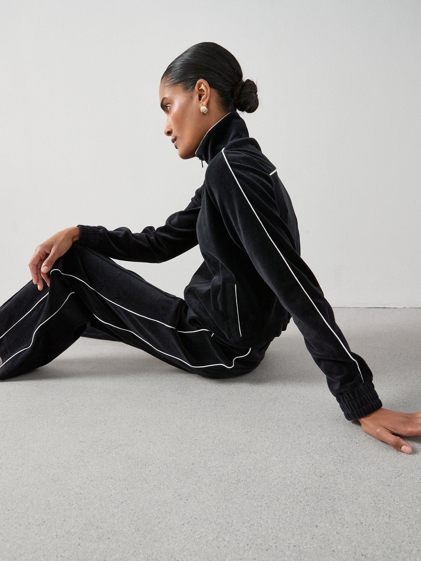 Image 5 of 7 of V by Very Velour Zip Through Jacket With Piping Co-Ord - Black