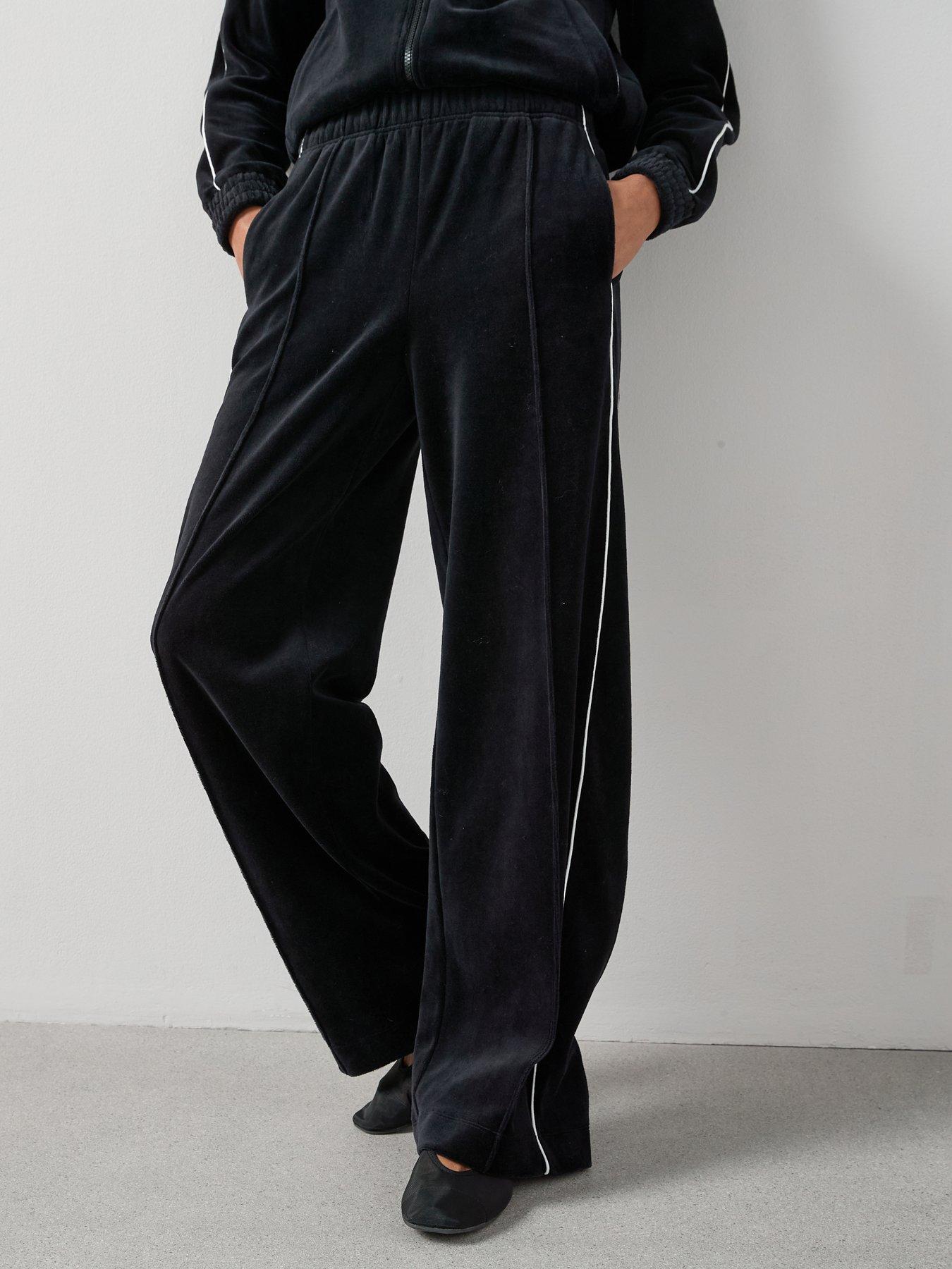 undefined Velour Wide Leg Joggers With Piping Co-Ord - Black