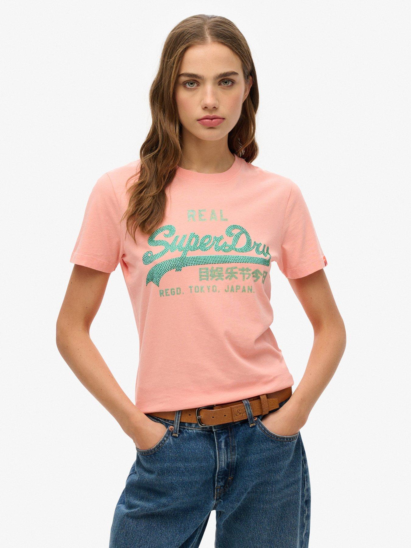 undefined Vintage Logo Rhinestone Slim T-Shirt - Pink