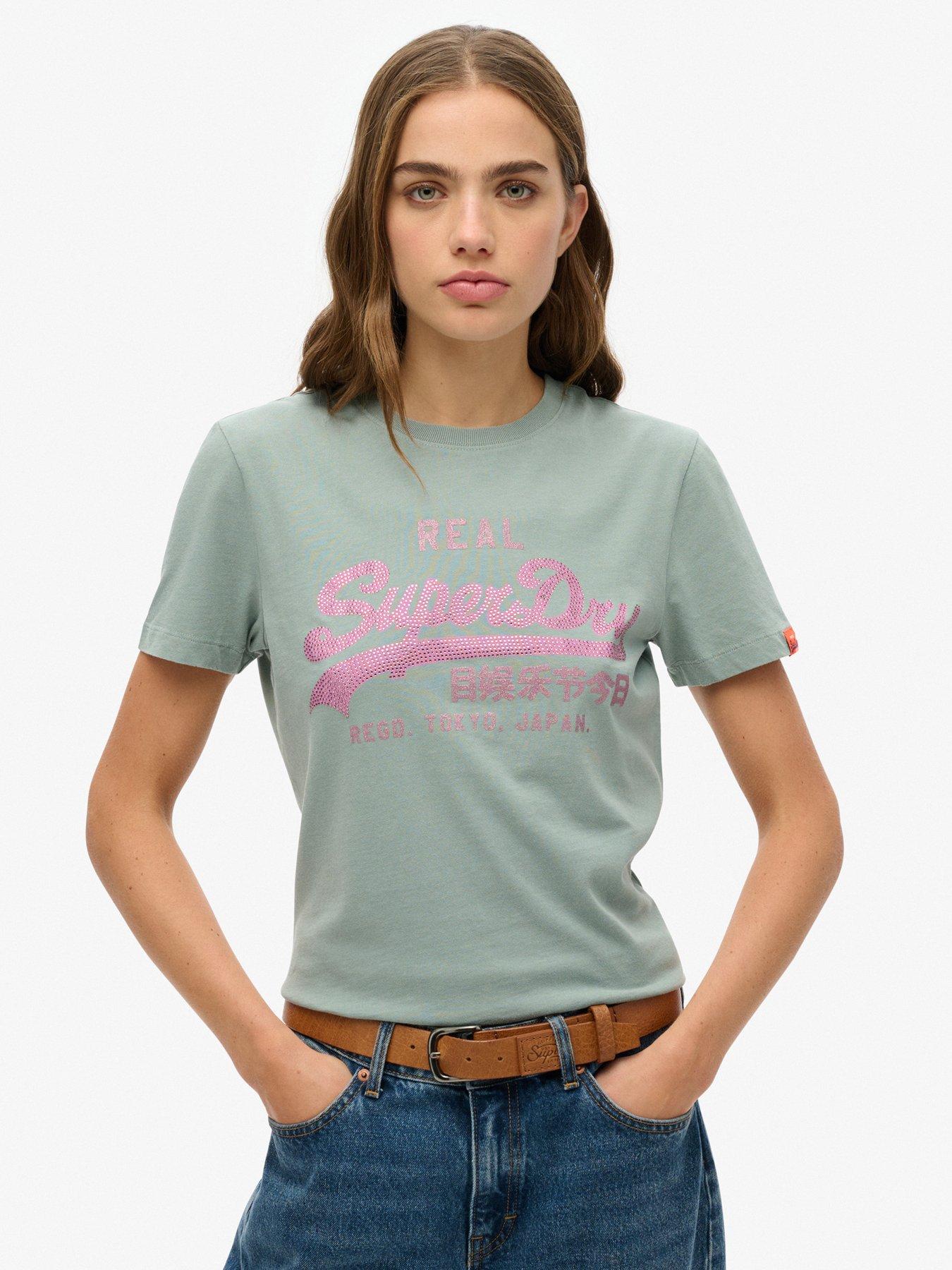 front image of superdry-vintage-logo-rhinestone-slim-t-shirt-blue