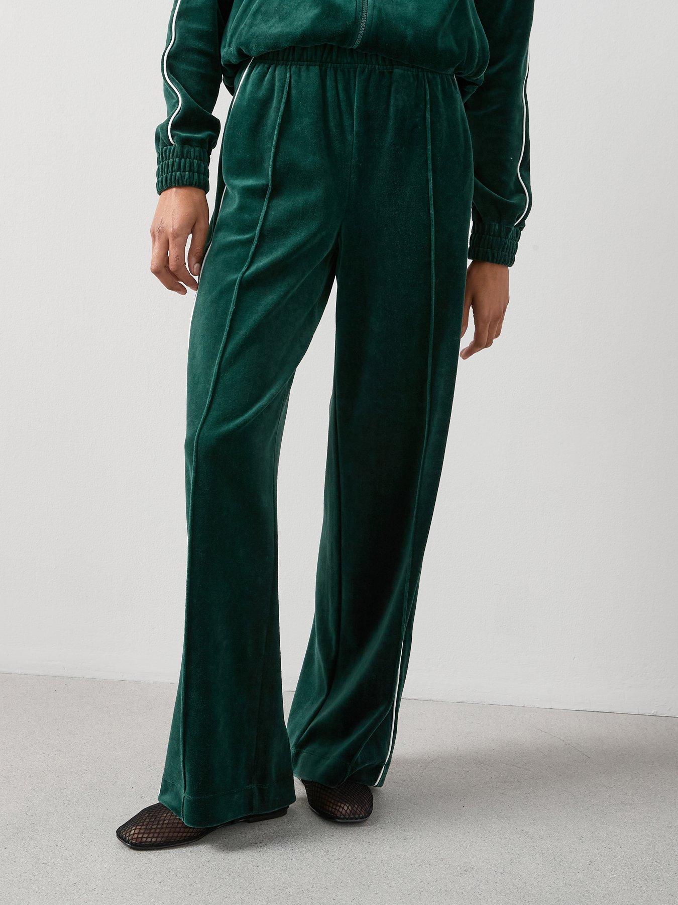 undefined Velour Wide Leg Joggers With Piping Co-Ord - Green