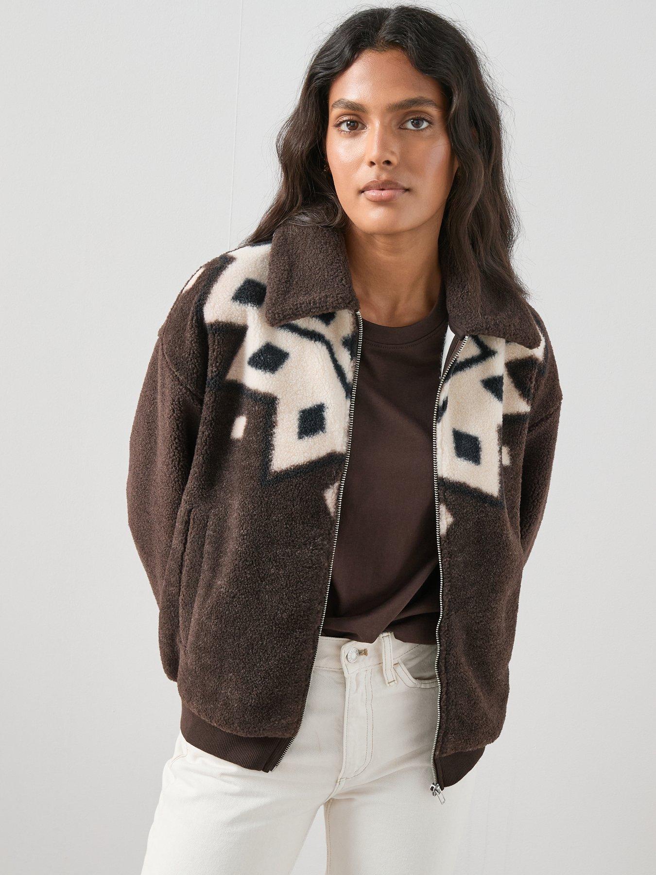 undefined Zip Up Borg Jacket - Brown