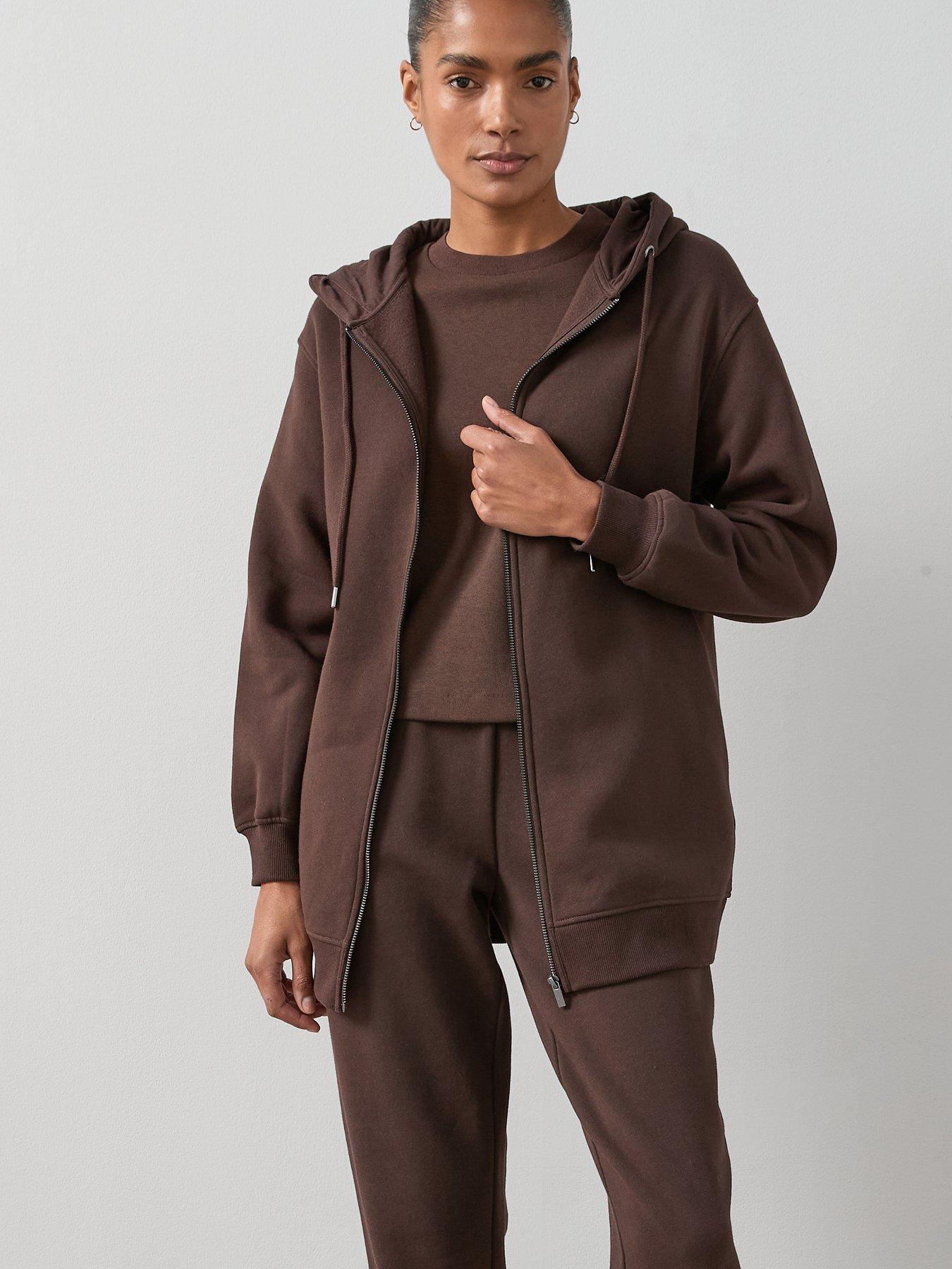 undefined Longline Essential Zip Up Hoody - Brown