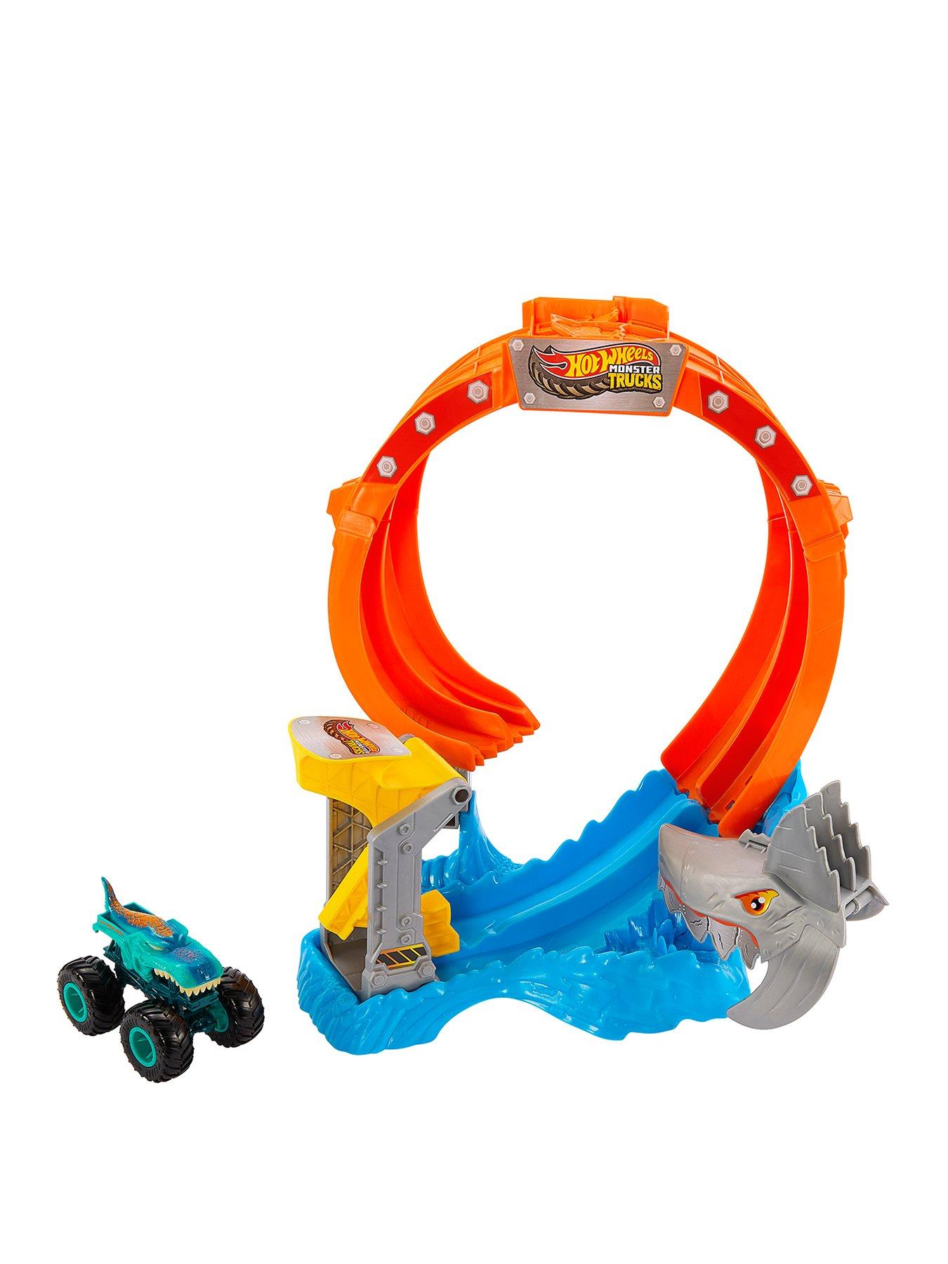  image of hot-wheels-monster-trucks-corkscrew-shark-smash-track-set-amp-164-scale-mega-wrex-toy-truck