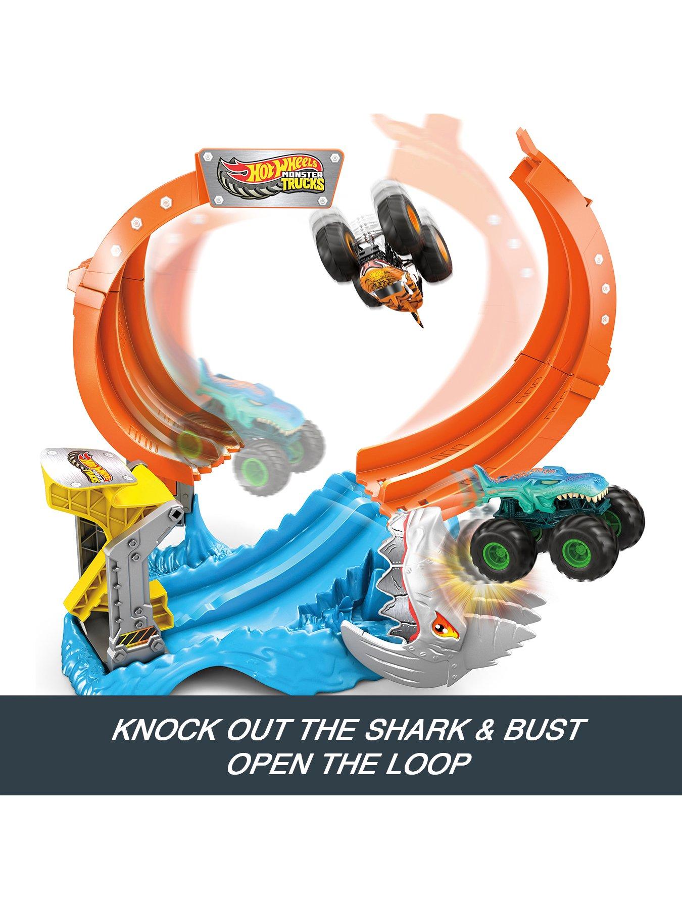 image of hot-wheels-monster-trucks-corkscrew-shark-smash-track-set-amp-164-scale-mega-wrex-toy-truck