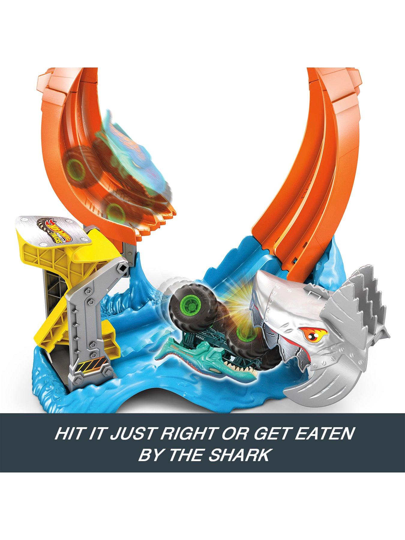  image of hot-wheels-monster-trucks-corkscrew-shark-smash-track-set-amp-164-scale-mega-wrex-toy-truck