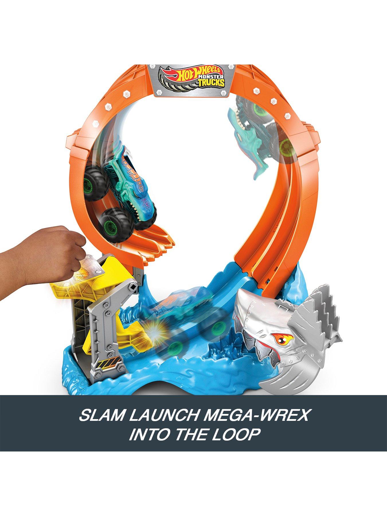  image of hot-wheels-monster-trucks-corkscrew-shark-smash-track-set-amp-164-scale-mega-wrex-toy-truck