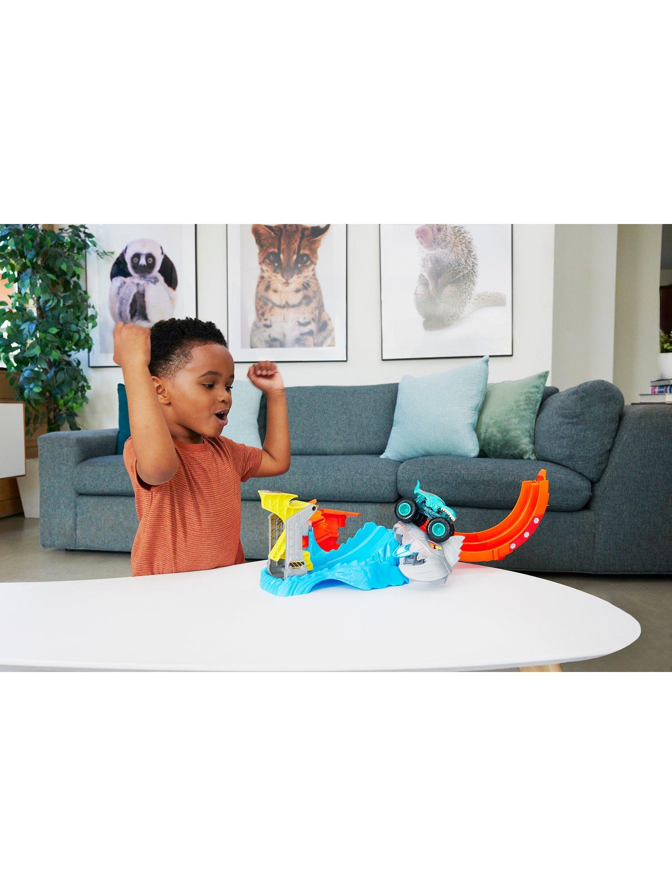  image of hot-wheels-monster-trucks-corkscrew-shark-smash-track-set-amp-164-scale-mega-wrex-toy-truck