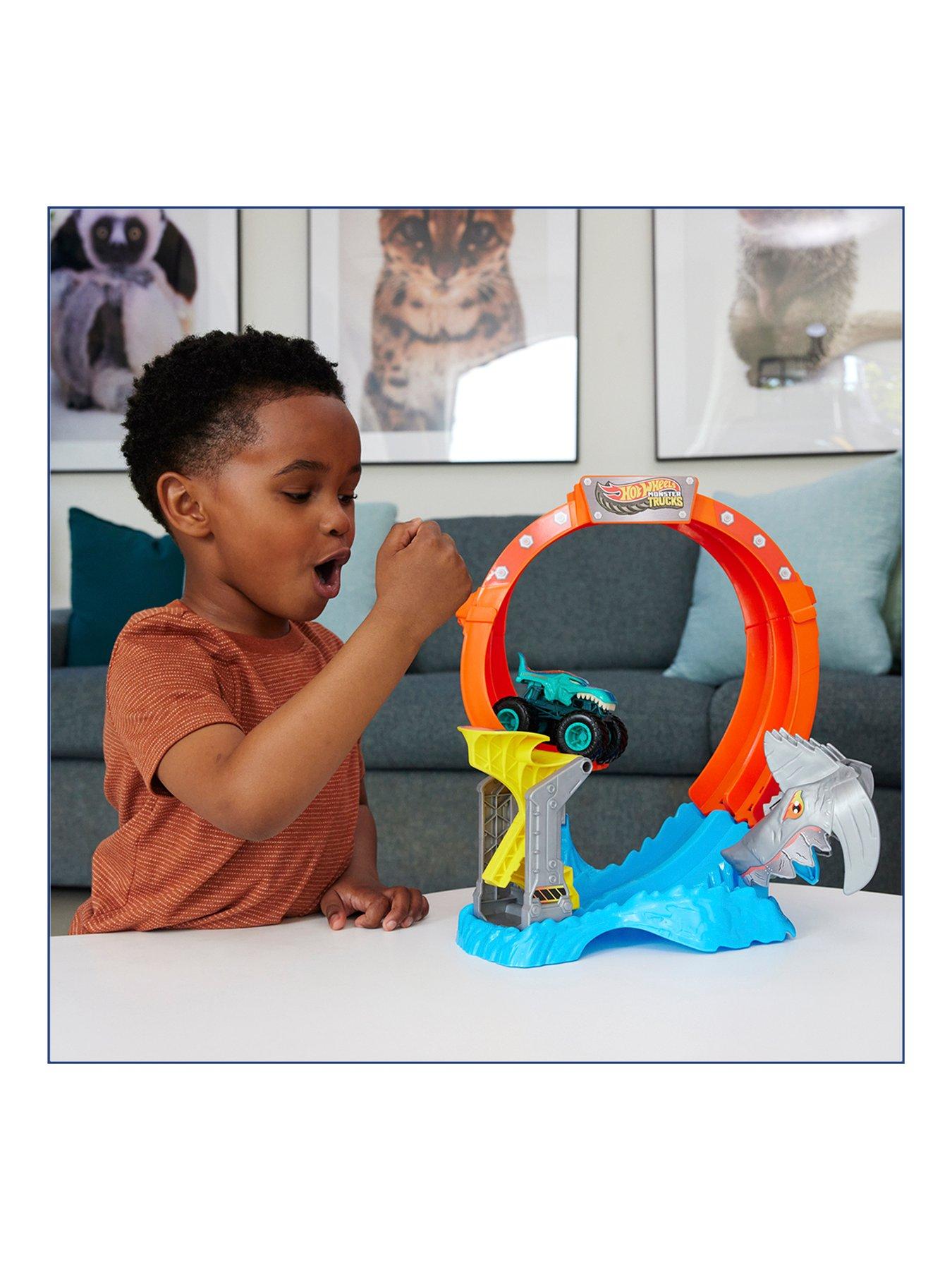  image of hot-wheels-monster-trucks-corkscrew-shark-smash-track-set-amp-164-scale-mega-wrex-toy-truck