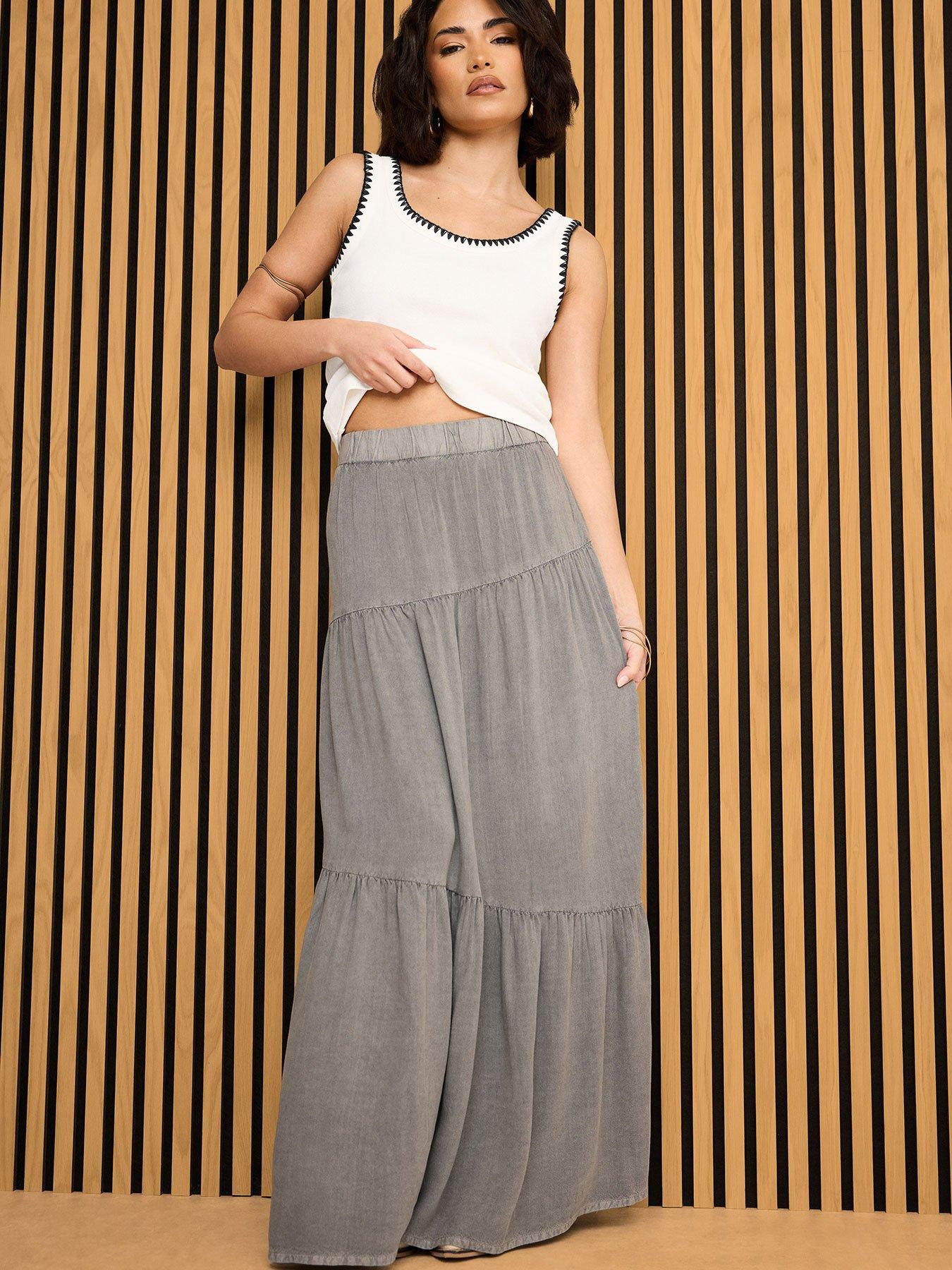 Image 1 of 4 of PixieGirl Petite Acid Wash Asymmetric Tiered Maxi Skirt - Grey