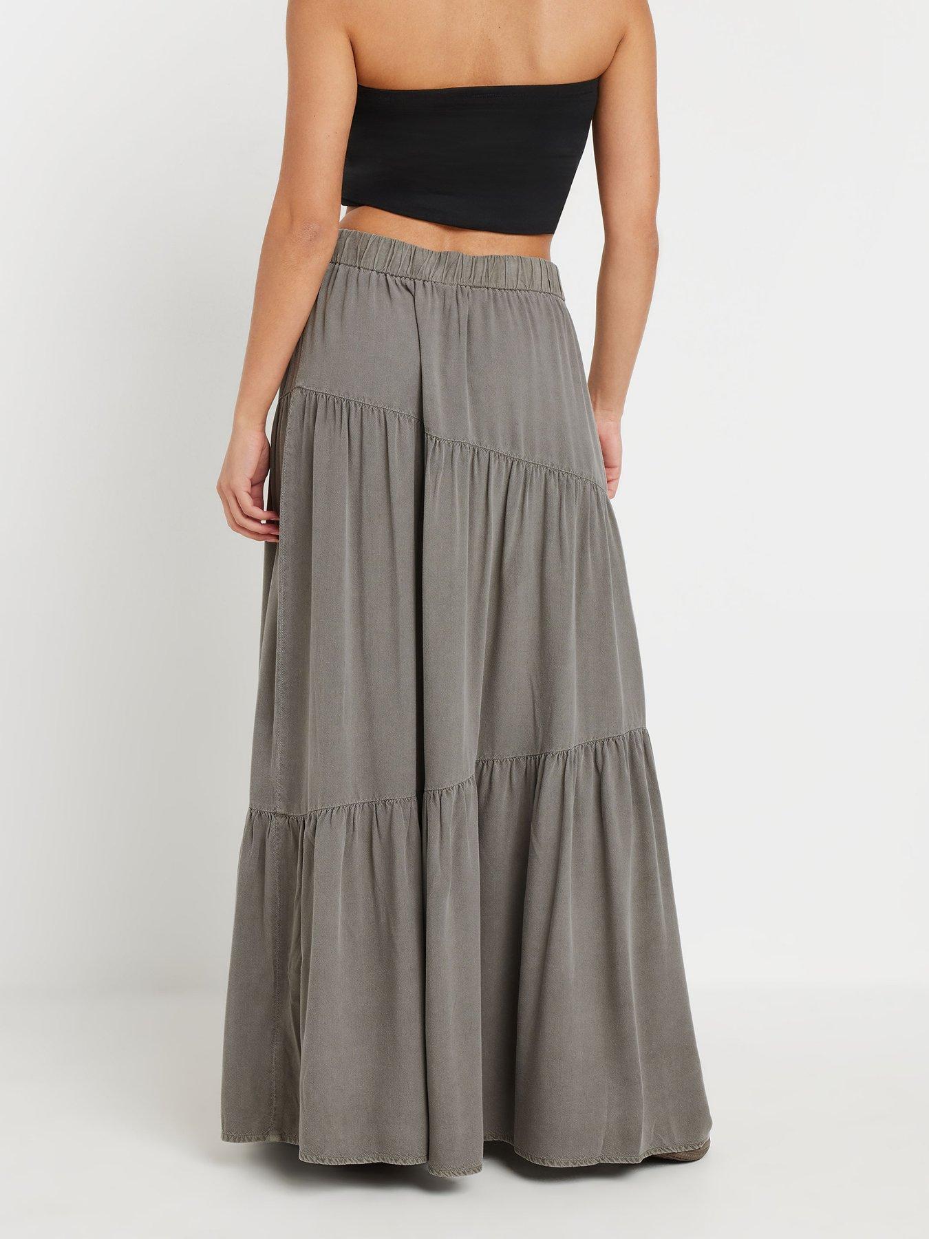 Image 2 of 4 of PixieGirl Petite Acid Wash Asymmetric Tiered Maxi Skirt - Grey
