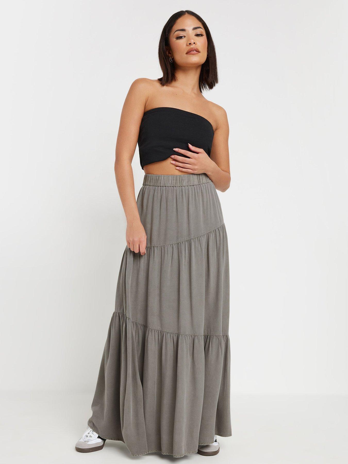 Image 3 of 4 of PixieGirl Petite Acid Wash Asymmetric Tiered Maxi Skirt - Grey