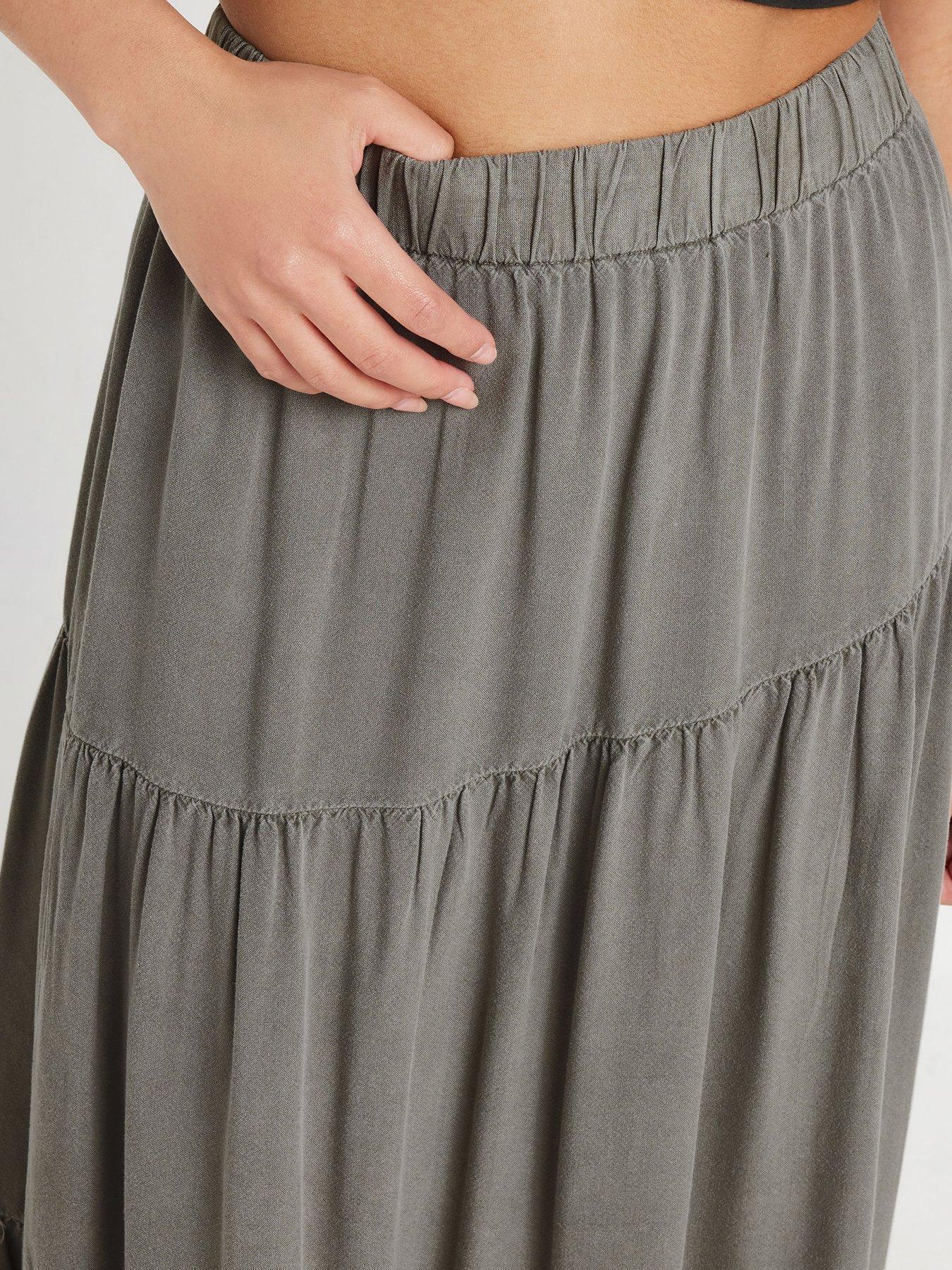 Image 4 of 4 of PixieGirl Petite Acid Wash Asymmetric Tiered Maxi Skirt - Grey
