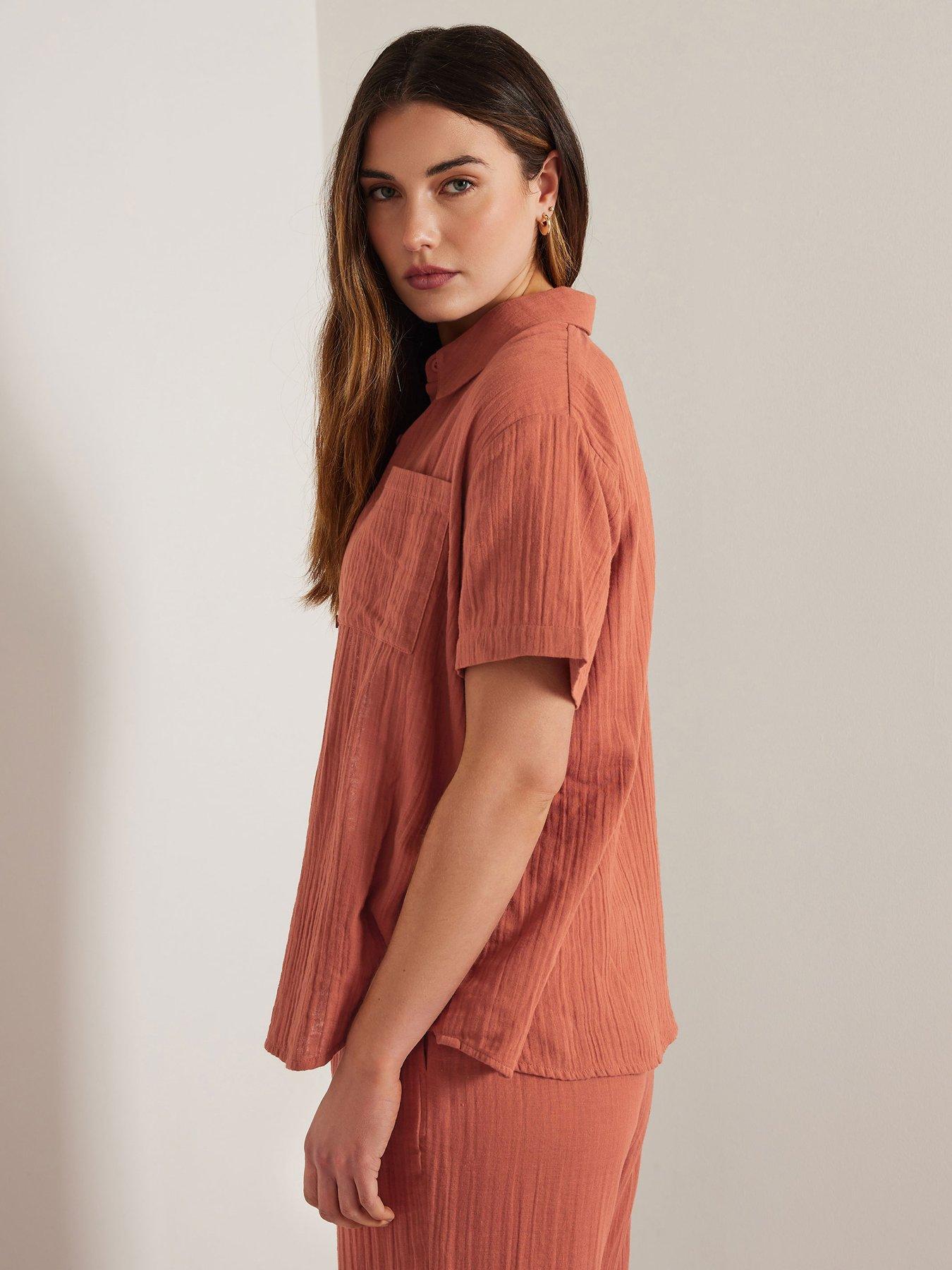 image of long-tall-sally-tall-cheesecloth-short-sleeve-shirt-orange
